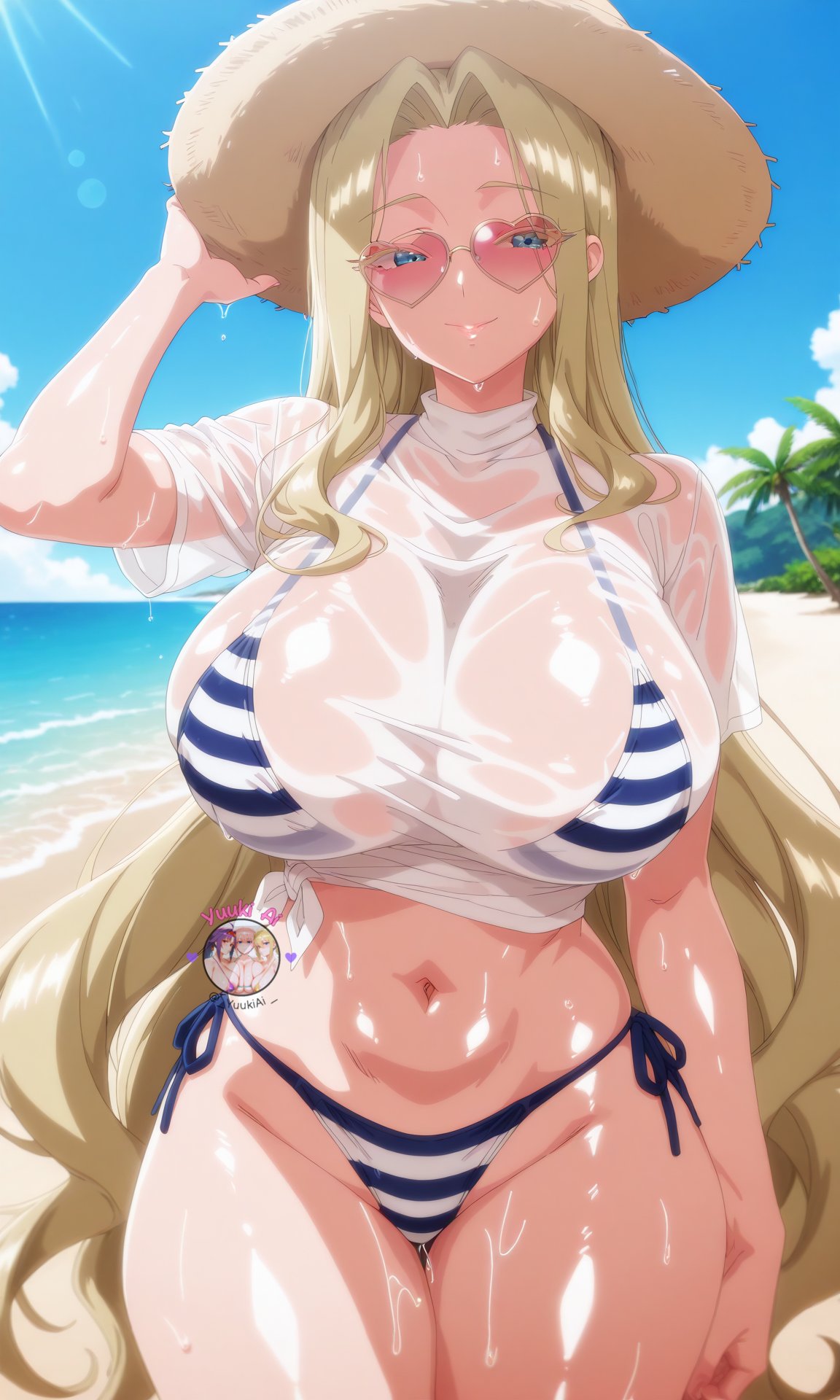 1girls, ai generated, beach, bikini, bikini under clothes, breasts, crop top, female, female only, halter bikini, halterneck, hat, huge breasts, kimi no koto ga dai dai dai dai daisuki na 100-nin no kanojo, outdoors, see-through, seethrough, solo, solo female, striped bikini, sunglasses, tagme, tied shirt, utsukushisugi mimimi, voluptuous, voluptuous female, yuukiai