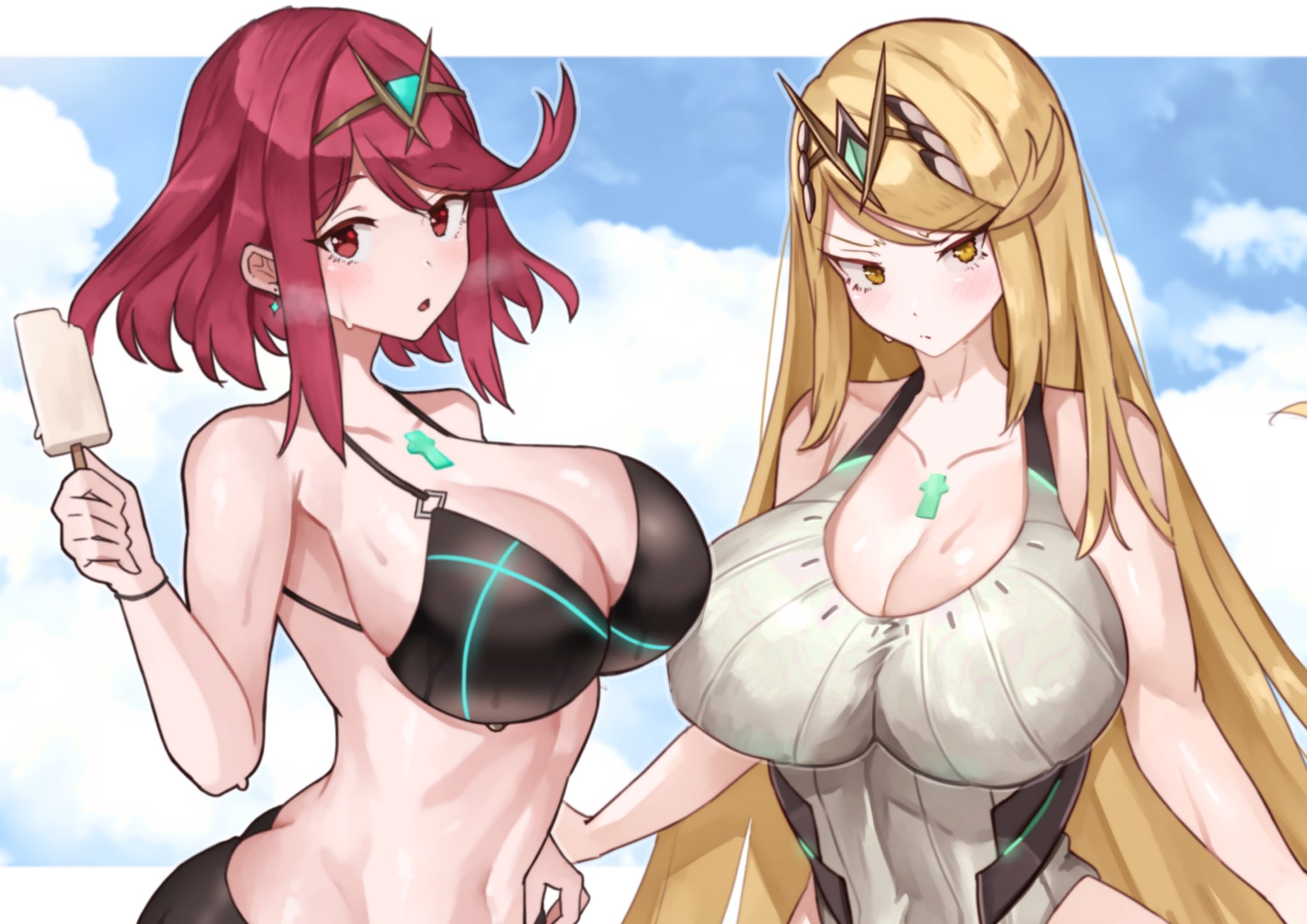 2girls, bangs, bare shoulders, beach, big breasts, bikini, black bikini, black swimsuit, blonde hair, blush, breasts, chest jewel, cleavage, dual persona, earrings, female, female only, food, gem, hand on hip, headpiece, jewelry, long hair, looking at viewer, multiple females, multiple girls, mythra, one-piece swimsuit, oniisan02b, popsicle, pyra, red eyes, red hair, short hair, swept bangs, swimsuit, tiara, very long hair, xenoblade (series), xenoblade chronicles 2, yellow eyes, yotsuhauni