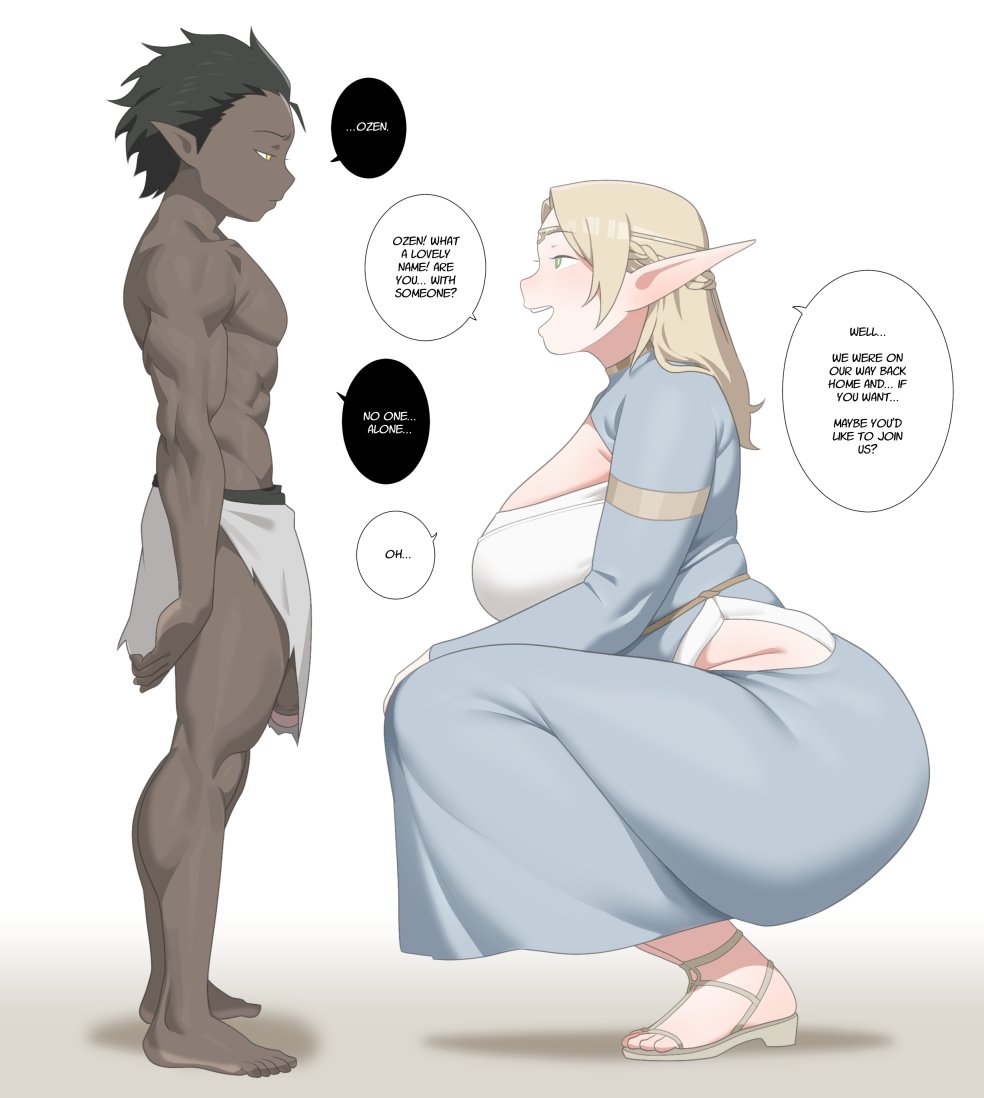 [sora]_buranku dark-skinned_male dark_skin elf elf_ears elf_female elf_girl elf_queen_(soraoraora) kneeling motherly motherly_figure orc orc_male orphan ozen_(soraoraora) queen soraoraora talking