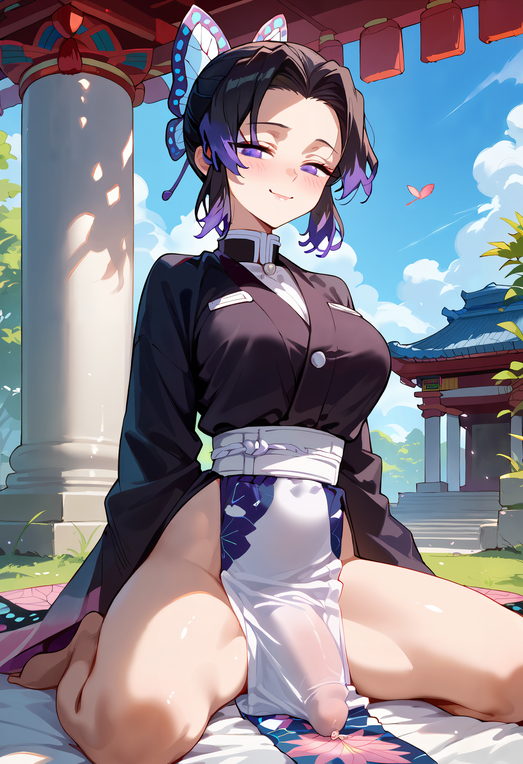 ai generated, bulge, bulge through clothing, demon slayer, evergreen stain, futanari, intersex, kimetsu no yaiba, kochou shinobu, looking at viewer, precum, seductive look