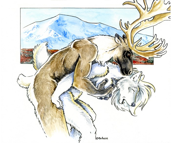 2009 anthro antlers bent_over breasts canine caribou closed_eyes eyes female from_behind fur furry grope heather_bruton horns male nude predator_prey_reversal sex straight wolf