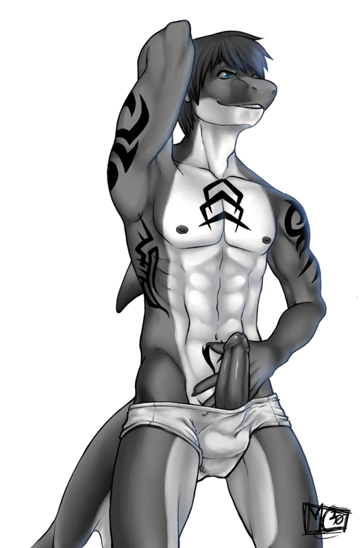 1boy 2010 akythetigershark black_hair blue_eyes briefs erection glans hair holydust male male_only marine markings muscles nipples penis plantigrade pose shark solo standing tail teeth underwear white_underwear