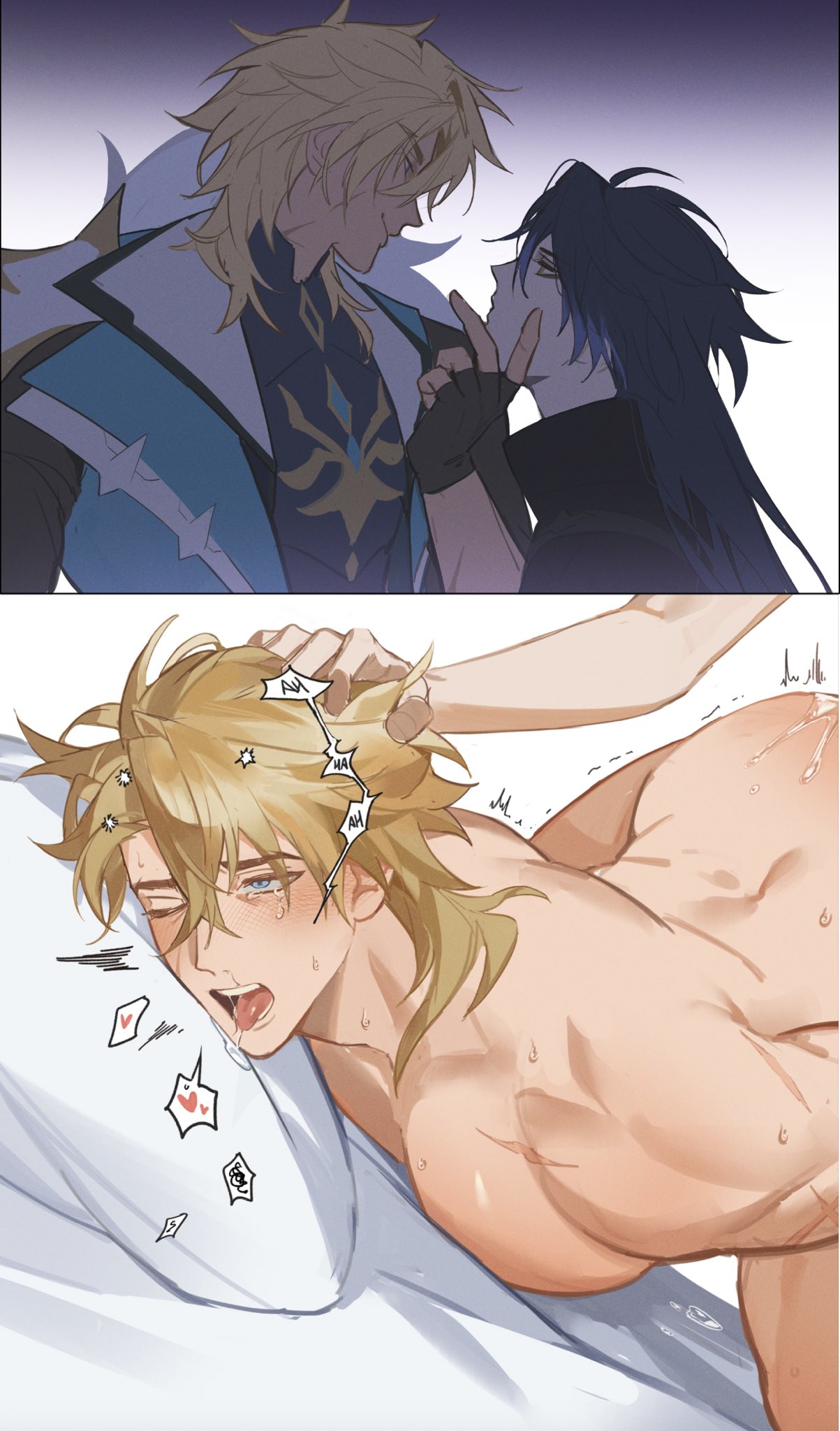 anal, anal sex, blonde hair, blue eyes, breasts, crying, dark hair, drooling, eyes rolling back, face down ass up, face on pillow, flins (genshin impact), gajyago, gay, gay sex, genshin impact, hair pull, holding face, implied anal, implied penetration, implied sex, male, male only, male/male, man boobs, moaning, moaning in pleasure, muscular, muscular bottom, muscular male, scars, speed bump position, submissive, submissive male, tears, varka (genshin impact), yaoi