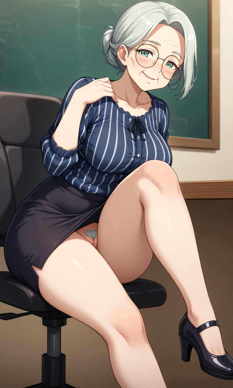 ai_generated blouse blush gilf gray_hair green_eyes hairy_pussy heels mature mature_female mature_woman miniskirt principal principal_office pussy round_butt round_glasses skirt teacher