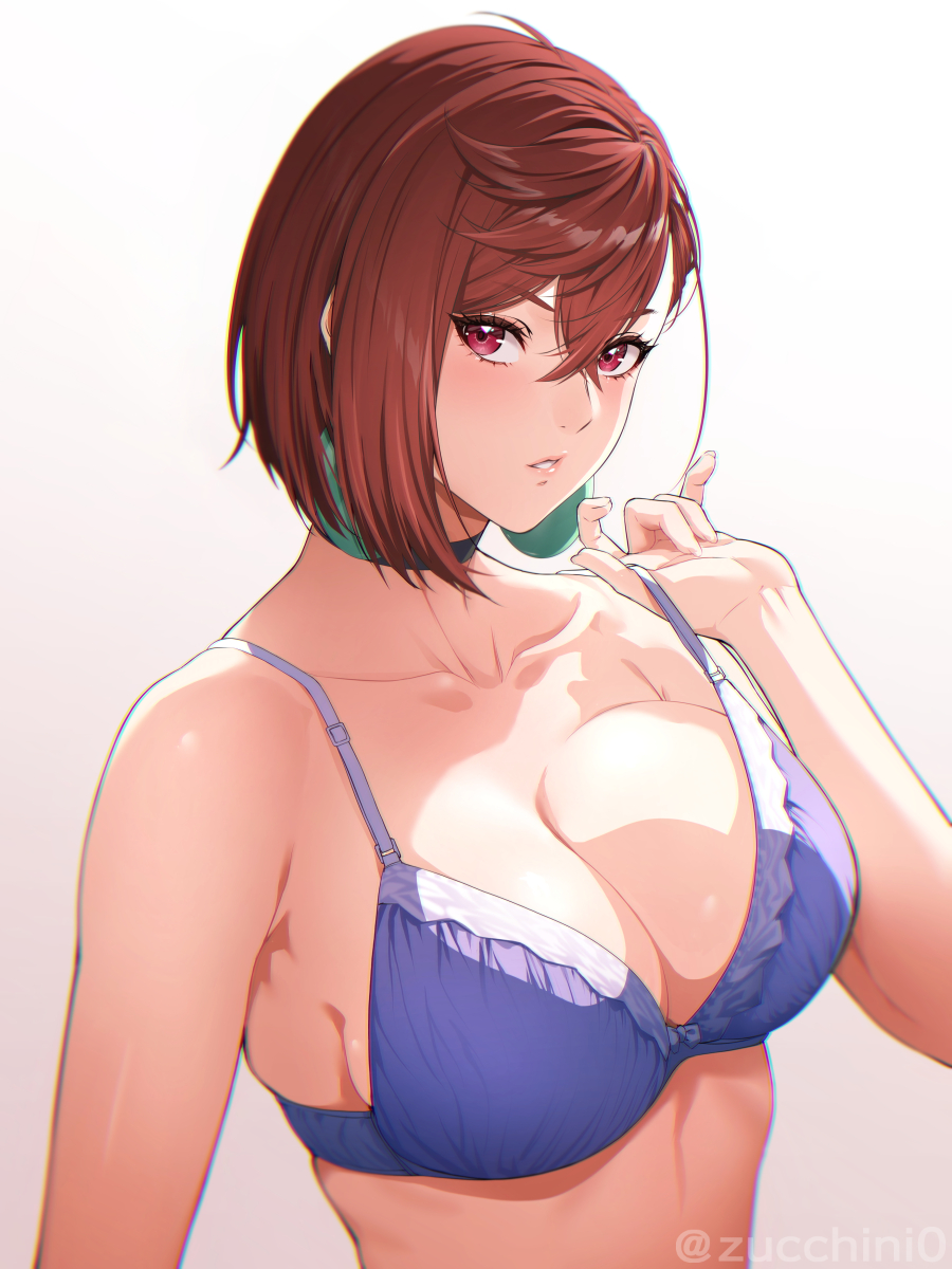 alternate_breast_size ayase_momo bare_arms bare_shoulders big_breasts blush bra bra_pull breasts brown_hair choker cleavage collarbone dandadan earrings medium_hair parted_lips purple_bra red_eyes underwear upper_body zucchini