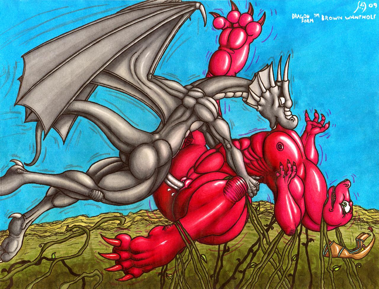 anthro balls bondage breasts brown_wantholf dinosaur dragon female lizzerd male muscles nipple_stimulation nipples nude penetration penis pussy reptile scalie straight sucking vaginal_penetration vines