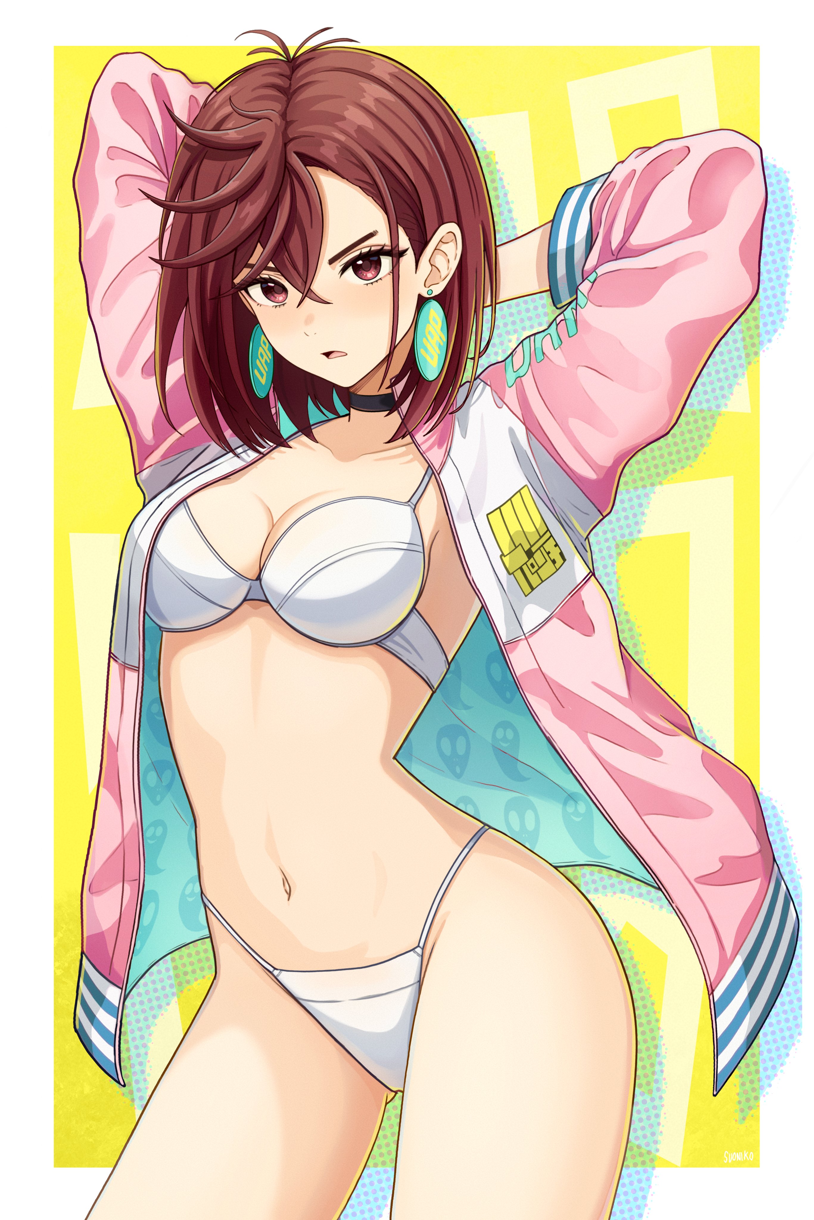 1girls, arms behind head, arms up, ass visible through thighs, ayase momo, bare belly, bare legs, bare thighs, belly button, blush, bra, breasts, brown eyes, brown hair, brown-haired female, choker, cleavage, collar, dandadan, earrings, female, highleg panties, long sleeves, medium breasts, medium hair, open clothes, open jacket, panties, parted lips, solo, string panties, suoniko, thighs, underwear, white bra, white panties