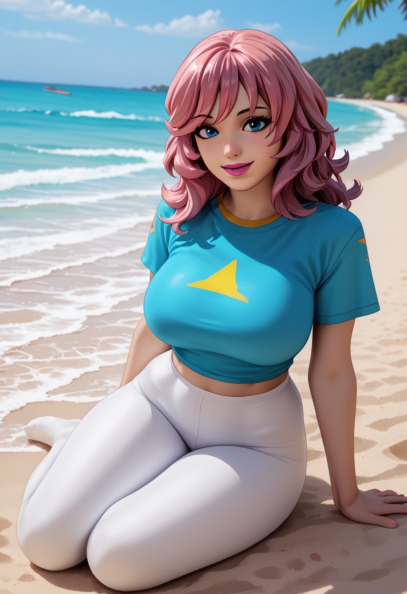 ai ai_generated beach big_breasts blue_eyes clothing cyan_shirt fortnite fortnite:_battle_royale leggings lipstick lying pink_hair pink_lipstick skye_(fortnite) smile t-shirt undercover_skye_(fortnite) white_leggings