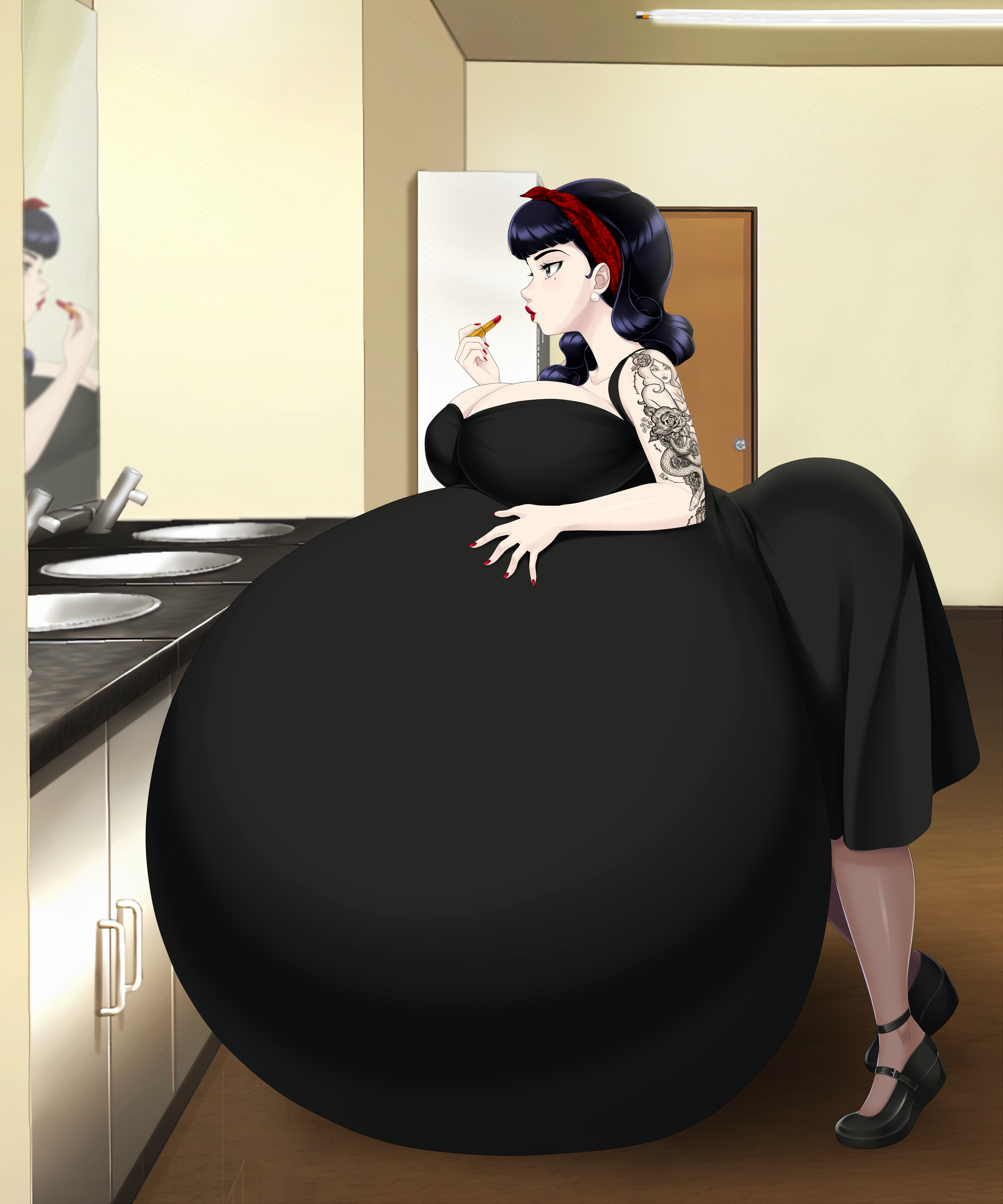 1girls, ass, bathroom, belly bigger than body, big ass, big breasts, black hair, breasts, breasts bigger than head, enormous ass, enormous breasts, female, huge ass, huge breasts, hyper, hyper belly, hyper pregnancy, immobile, lipstick, makeup, massive ass, pregnant, saburox, short hair, tagme, too big, too big to move