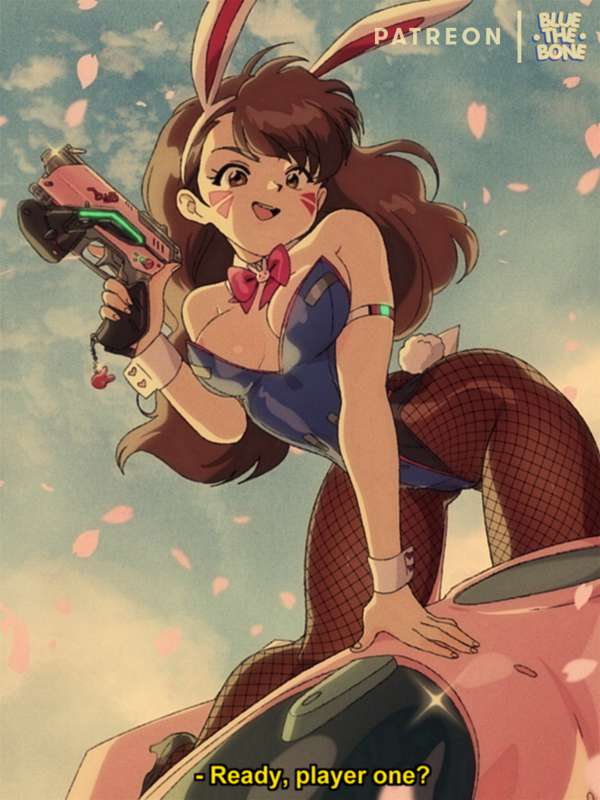 1girls, bluethebone, bunny ears, bunny girl, bunnysuit, d.va, female, firearm, gun, overwatch, pantyhose, retro artstyle, solo, solo female, tagme
