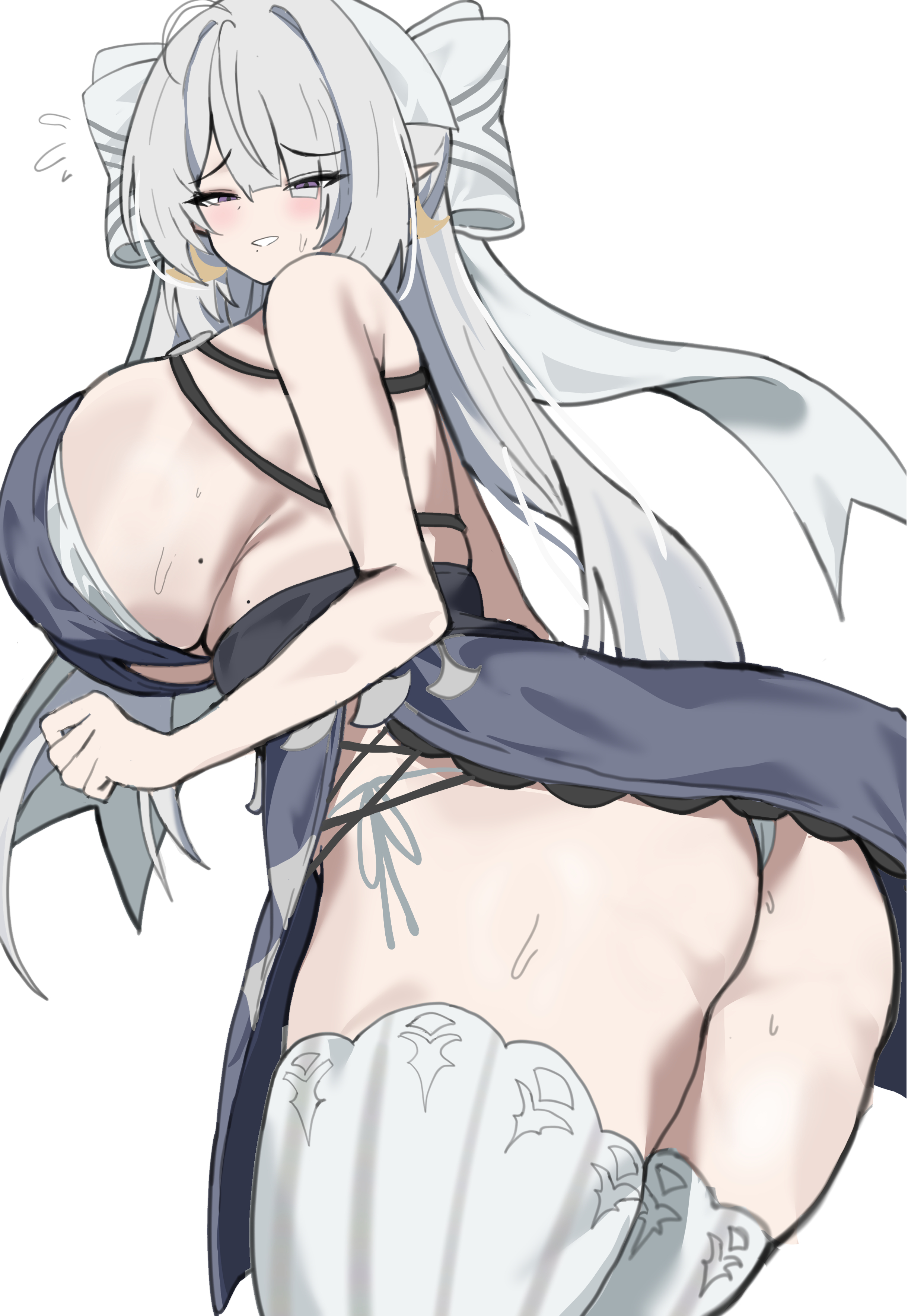 1girl, 1girls, absurdres, alternate breast size (larger), ass, big ass, blue dress, blue eyes, breasts, commentary request, dress, fahufahu, female, female only, highres, huge breasts, long hair, looking at viewer, panties, pointy ears, purple eyes, sideboob, simple background, solo, thick thighs, thighhighs, thighs, underwear, velina airgid, very long hair, white background, white hair, white panties, white thighhighs, zenless zone zero