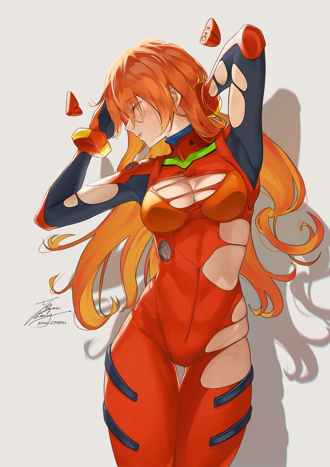 1girls arm_up asuka_langley_sohryu big_breasts bodysuit boob_window breasts busty clothing eyes_closed fadingzz female female_only german ginger ginger_hair large_breasts lips neon_genesis_evangelion orange_hair shadow tagme thick thick_thighs thigh_gap thighs torn_bodysuit torn_clothes torn_clothing wardrobe_malfunction