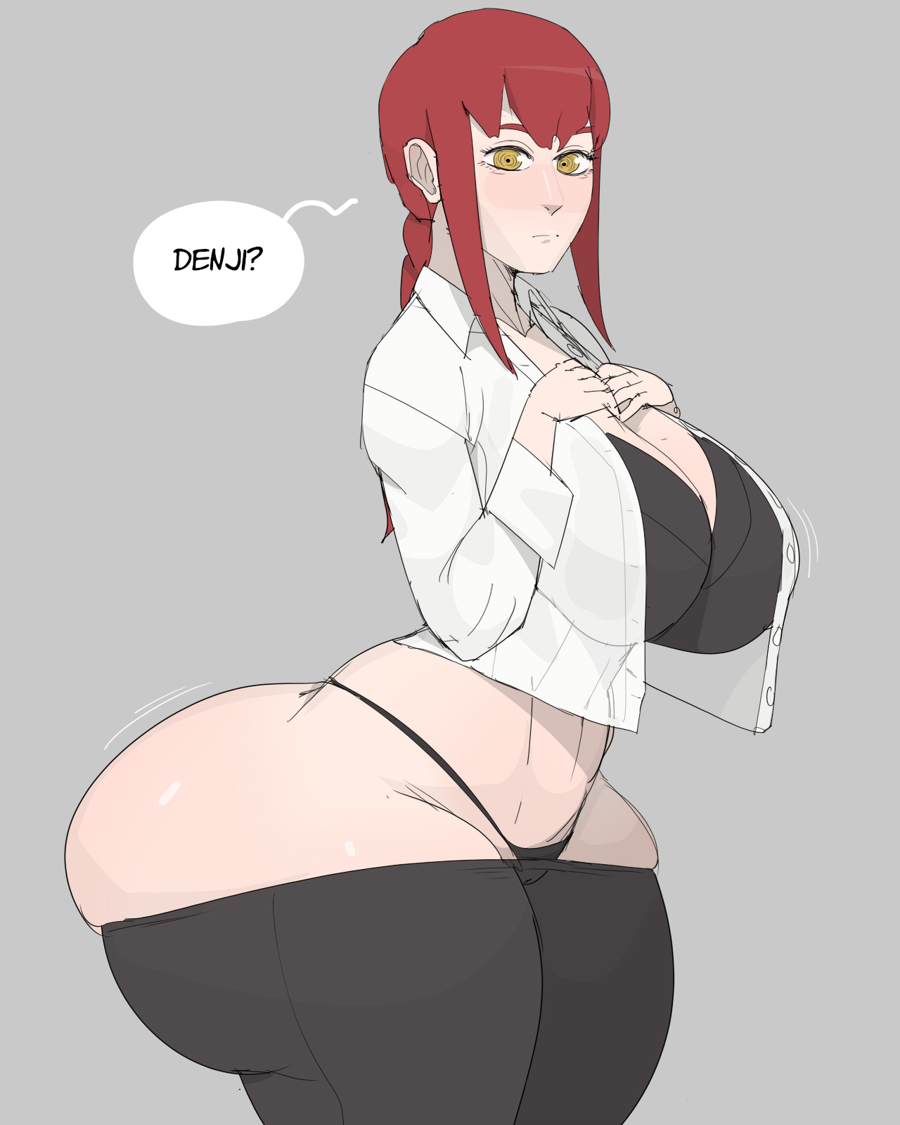 1girls, ass, ass hanging out, breasts, chainsaw man, clothing, denji (chainsaw man), dialogue, female, female only, gigantic ass, huge ass, huge breasts, human, hyper, hyper ass, lard ass, makima (chainsaw man), massive ass, name drop, text, thick thighs, thong, tight clothing, yelftea