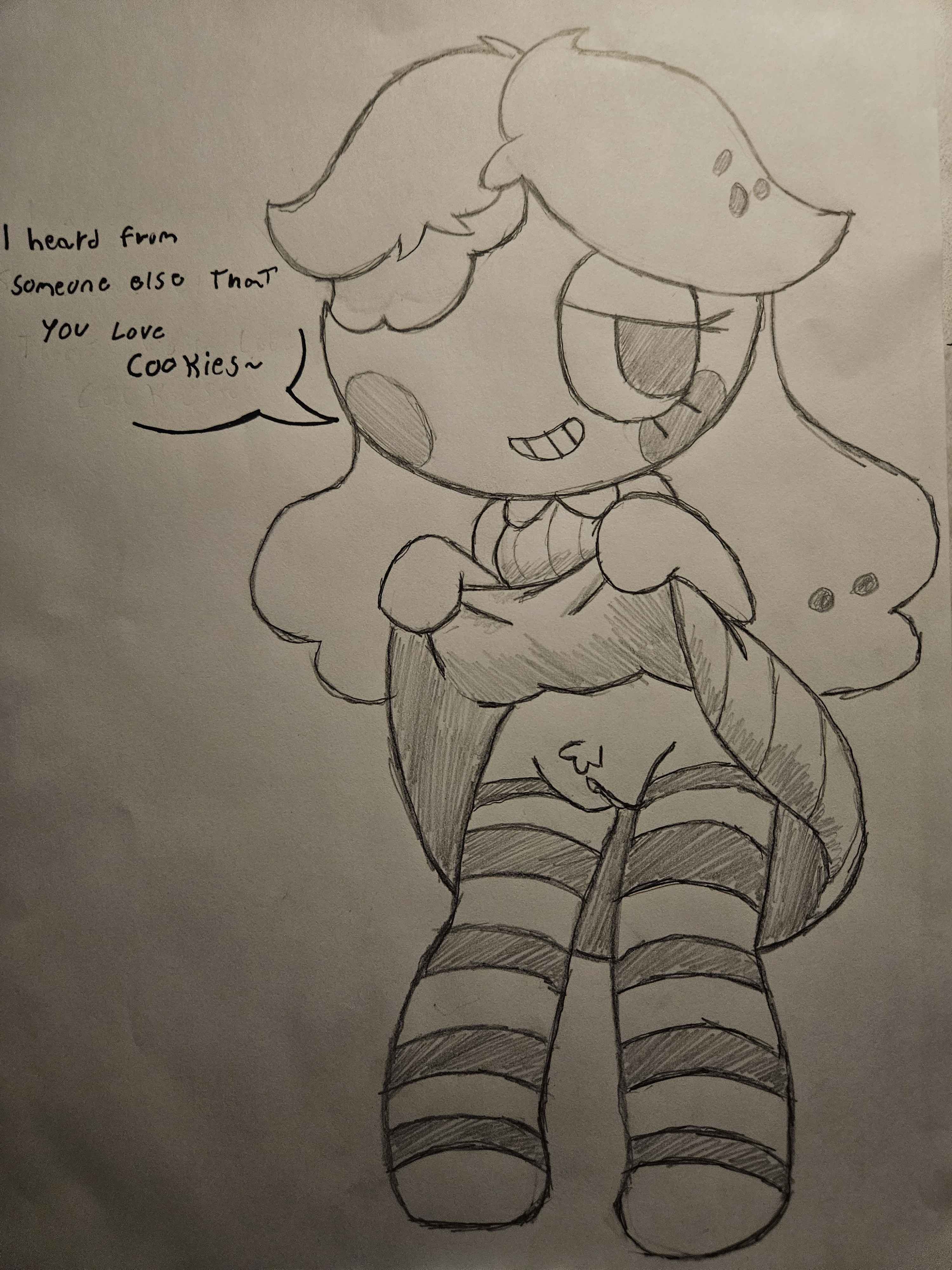 1girls, 2026, blushcrunch studio, cookie, dandy's world, dandys world, dress, dress lift, english, english text, female, female only, ginger (dandy's world), gingerbread cookie, pubic hair, pussy, revealing pussy, roblox, sketch, sketch page, smile, smiling, solo, solo female, tagme, talking to viewer, text, thighhighs, traditional media, twistedcuppussy