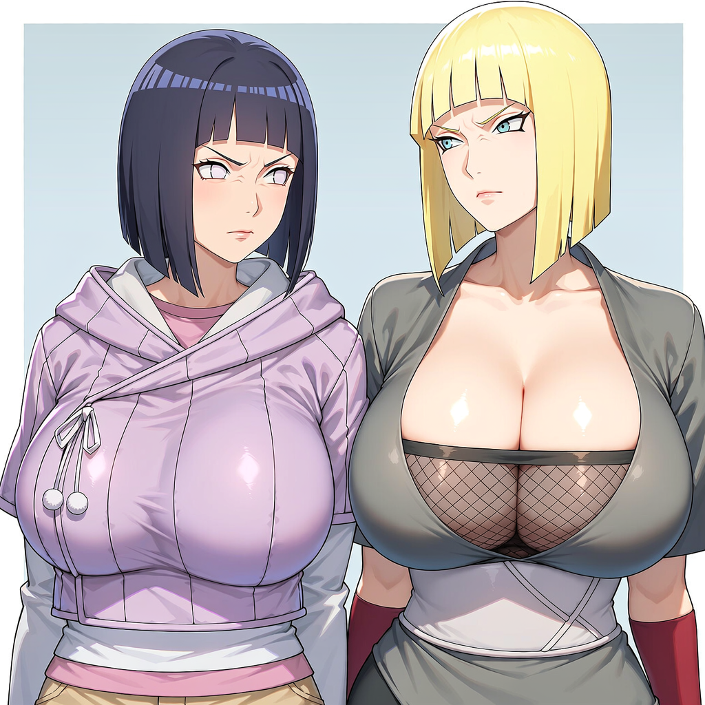 1:1, 2girls, ai assisted, ai generated, angry, arms crossed under breasts, arrogant, big breasts, black hair, blonde female, blonde hair, blue eyes, bob cut, boruto: naruto next generations, breast comparison, breasts, breasts bigger than head, breasts visible through clothing, cleavage, comparing, comparing breasts, comparison, competitive, crossed arms, dark hair, deep cleavage, female, female only, fishnet, frown, glaring, huge breasts, hyuuga hinata, jealous, large breasts, lavender eyes, looking at another, looking at each other, mature female, mature woman, milf, milfs, multiple girls, naruto (series), naruto shippuden, pale skin, rivalry, rivals, samui, self upload, short hair, side eye, spreddereai, staring, staring at another, time paradox, uzumaki hinata