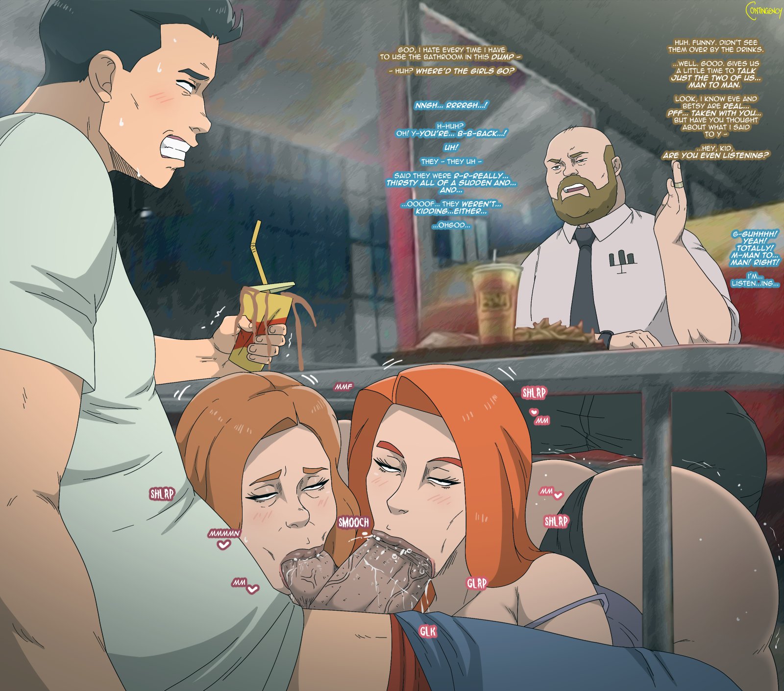 2boys, 2girls, adam wilkins, atom eve, betsy wilkins, blowjob, blowjob face, cheating, cheating wife, clueless, contingency, cum, cum in mouth, cum overflow, daughter, daughter (lore), ginger, ginger hair, hidden sex, invincible, invincible (tv series), large ass, large hips, light-skinned female, mark grayson, mature female, mother, mother (lore), mother and daughter, mother and daughter (lore), netorare, public, restaurant, saliva, samantha eve wilkins, submissive, sucking, sucking balls, tagme, under the table, wide hips, wide thighs
