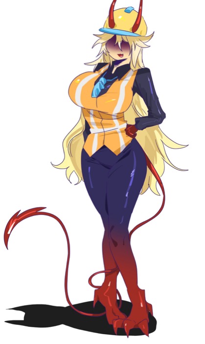 1girl, 1girls, 2d, 2d (artwork), 2d artwork, big breasts, block tales, blonde female, blonde hair, boobs, breasts, builderman, builderman (block tales), clawed toes, clothed, clothes, construction helmet, eyes covered by shadow, eyeshadow, female, female focus, female only, hard hat, hatred (block tales), horns, huge breasts, large breasts, legs together, long tail, looking at viewer, red horns, red tail, roblox, roblox game, robloxian, shadowed eyes, smiling at viewer, tail, tie, tight clothing, tits, yellow skin, yellow skinned female