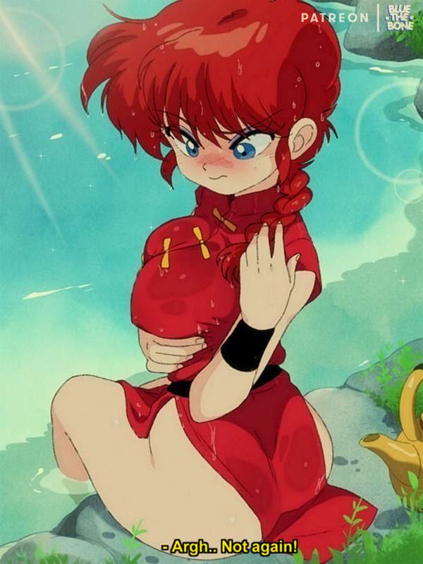 1girls bluethebone bottomless breast_grab breasts chinese_clothes dress english_text genderswap genderswap_(mtf) partially_submerged ranma-chan ranma_1/2 ranma_saotome retro_artstyle sitting solo solo_female tagme tangzhuang water wet