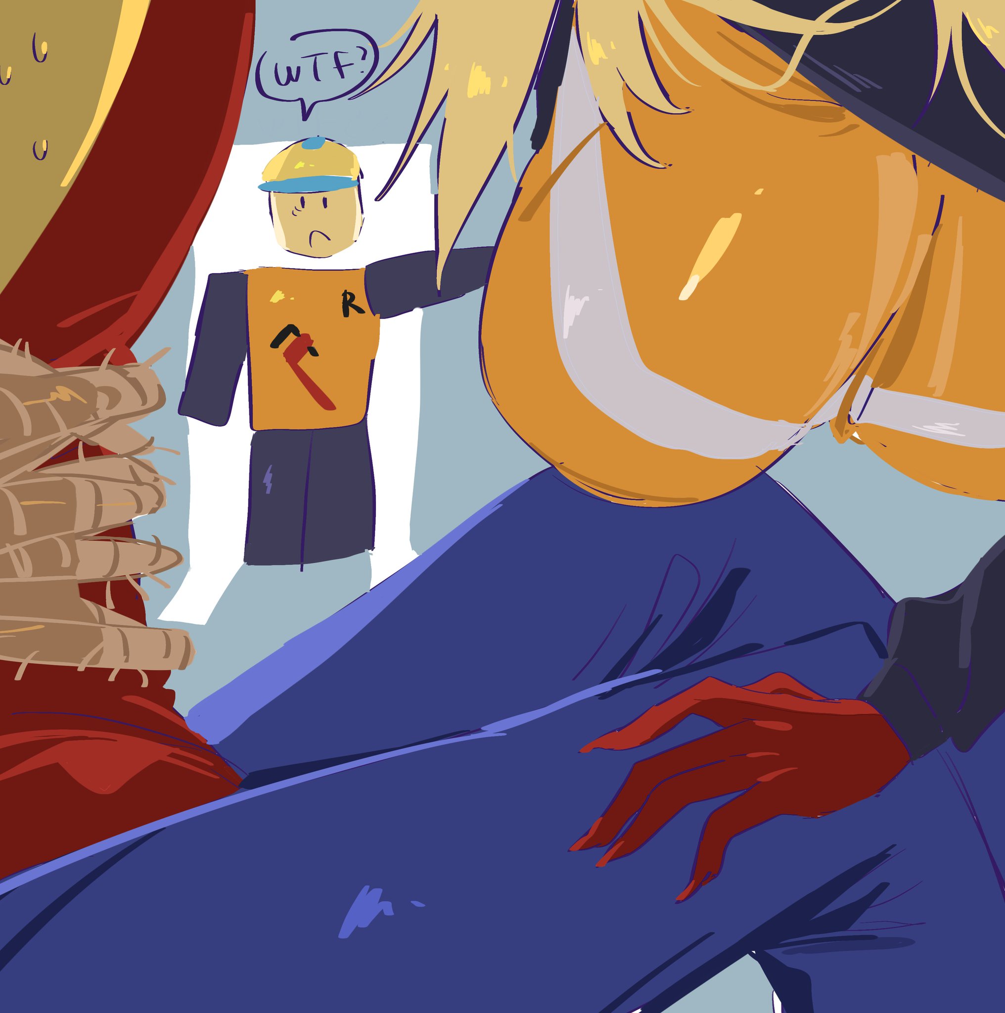 2d, 2d (artwork), 2d artwork, big breasts, block tales, blonde female, blonde hair, boobs, breasts, builderman, builderman (block tales), clawed fingers, claws, clothed, clothes, dominant, dominant female, hands behind back, hanging breasts, hatred (block tales), head out of frame, huge breasts, large breasts, no sex (yet), orange vest, player (block tales), roblox, roblox game, robloxian, tied, tied up, tits, vest, walking in on