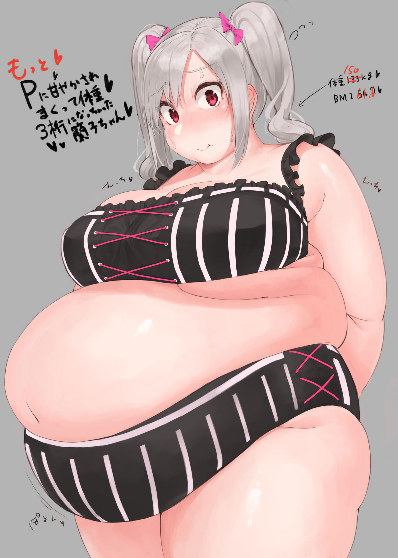 belly_expansion big_belly bow_ribbon bra breasts grey_hair inflation measurements noseless obese oruka_(kamituki0827) overweight overweight_female red_eyes twintails underwear