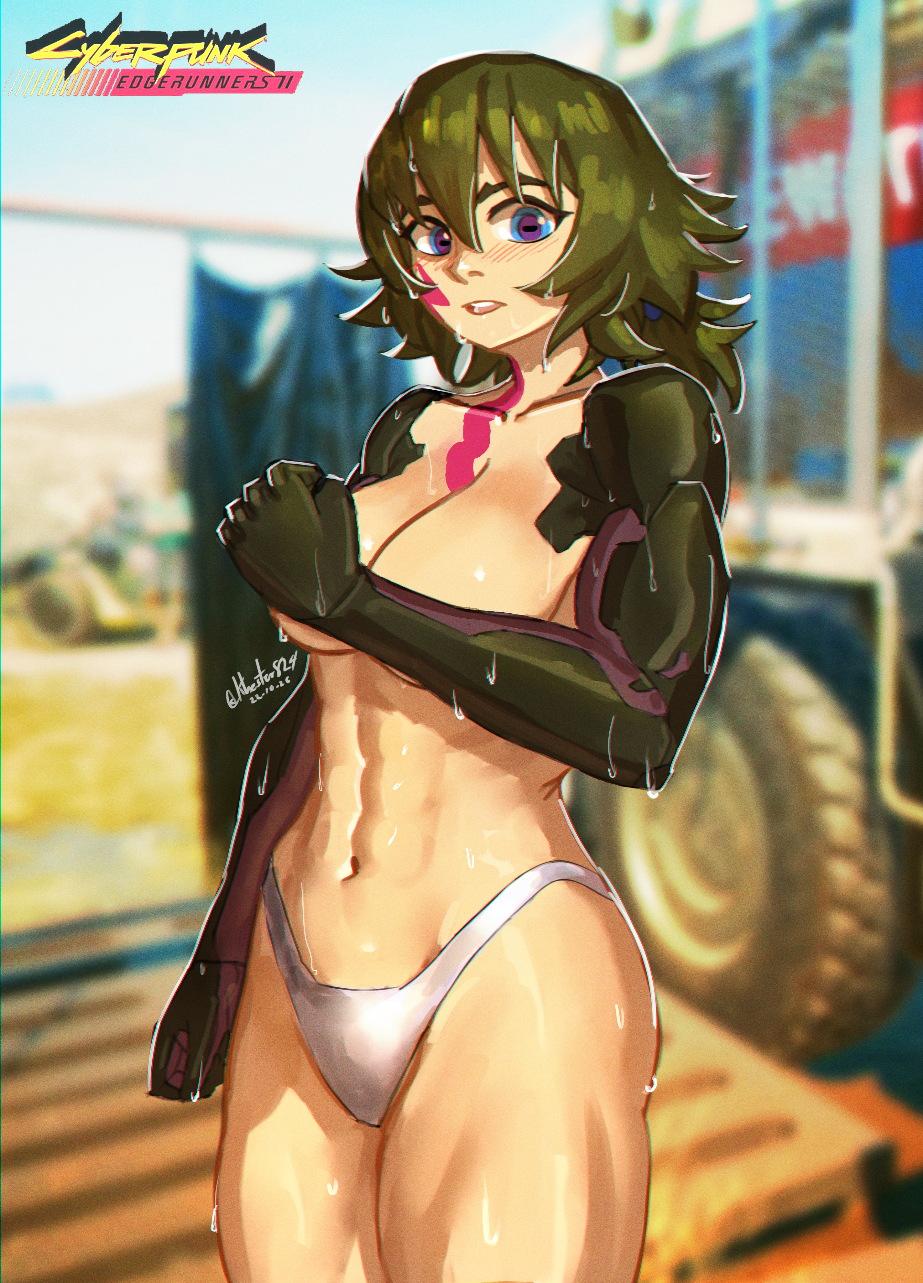 1girl, 1girls, abs, after shower, belly button, blue eyes, breasts, character request, covered nipples, covering, covering breasts, cybernetics, cyberpunk 2077, cyberpunk: edgerunners, cyberpunk: edgerunners 2, cyborg, female, female focus, female only, fit, fit female, green hair, khester824, navel, panties, robot arm, robot arms, robotic arm, robotic arms, tattoo, thighs, tomboy, tummy