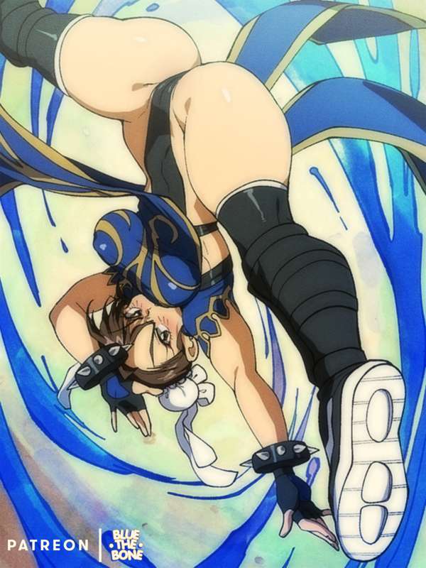 alternate costume, bluethebone, blush, breasts, brown eyes, brown hair, chun-li, female, looking at viewer, official alternate costume, open mouth, retro artstyle, street fighter, upside-down