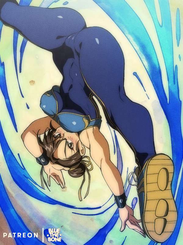 bluethebone, blush, breasts, brown eyes, brown hair, chun-li, female, looking at viewer, open mouth, retro artstyle, street fighter, street fighter alpha, upside-down