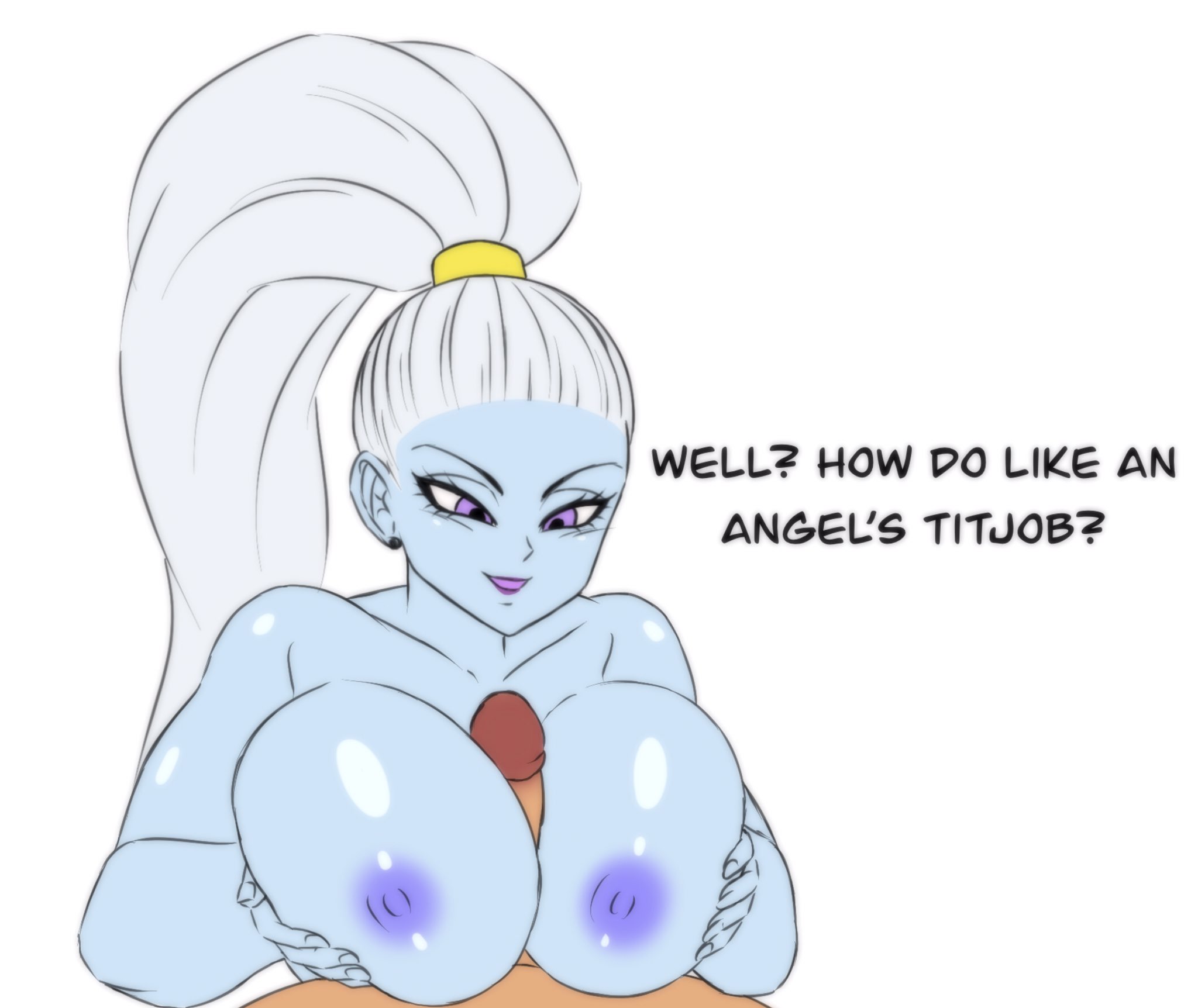 1boy, 1girls, angel (dragon ball), blue skin, breasts, darwaarts, dragon ball, dragon ball super, english text, female, female focus, huge breasts, large breasts, male, paizuri, ponytail, shounen jump, text, titfuck, vados
