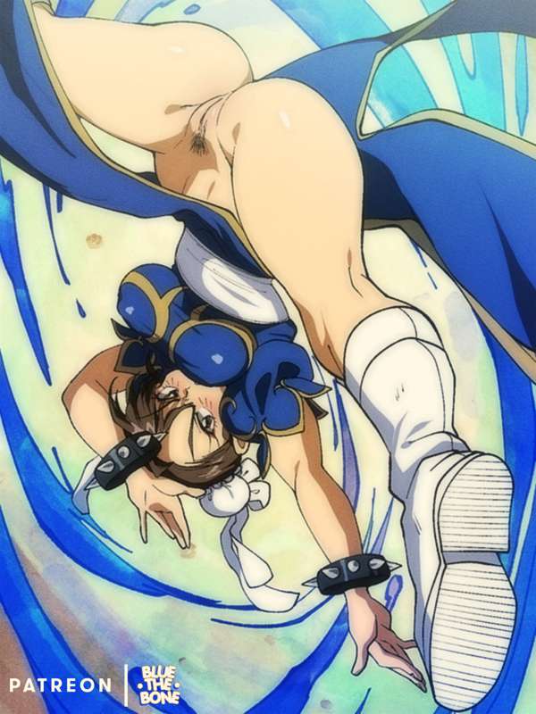 1girls, alternate version available, bluethebone, bottomless, breasts, brown eyes, brown hair, chun-li, female, female only, looking at viewer, nude, open mouth, pubic hair, pussy, retro artstyle, solo, street fighter, upside-down