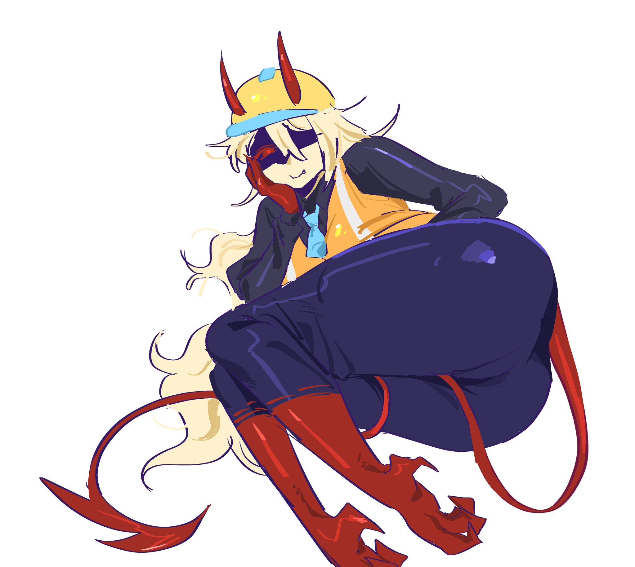 1girl, 1girls, 2d, 2d (artwork), 2d artwork, ass, ass focus, block tales, blonde female, blonde hair, builderman, builderman (block tales), butt, clawed feet, claws, clothed, clothes, construction helmet, eyes covered by shadow, eyeshadow, fat ass, female, female focus, female only, hand on hip, hard hat, hatred (block tales), head on hand, huge ass, large ass, laying on side, long tail, looking at viewer, one eye obstructed, one eye visible, red tail, roblox, roblox game, robloxian, shadowed eyes, smiling at viewer, tail between legs, yellow skin, yellow skinned female