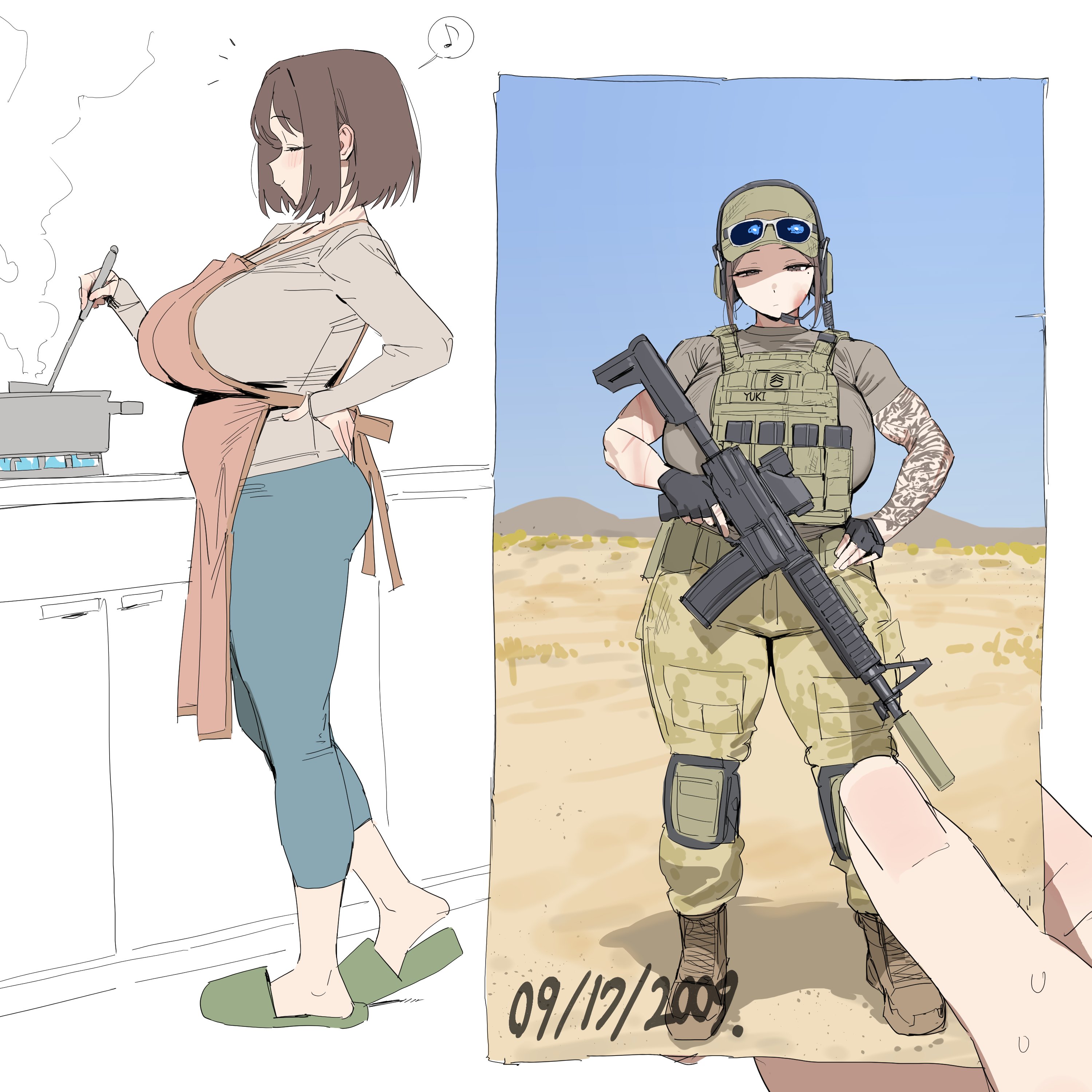 1girls, absurdres, ammunition pouch, apron, assault rifle, before and after, blue pants, breasts, brown hair, camouflage, commentary, cooking, curvy, dessert, eyewear on head, female, female only, food, grey shirt, gun, hand on own hip, hat, headset, highres, housewife, huge breasts, juxtaposition, large breasts, m4 carbine, mature female, military, military combat uniform, military uniform, original, pants, photo (object), pouch, pov, pov hands, rifle, shirt, short hair, soldier, sunglasses, tattoo, tattoo sleeve, weapon, xipa