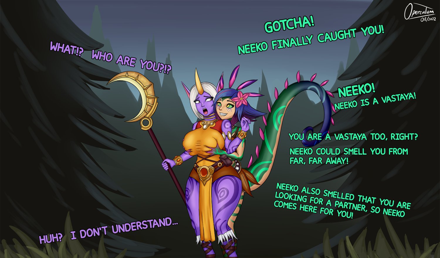 2girls, big breasts, breasts, dialogue, female, groping, league of legends, neeko, operculum, soraka, tail, text, yuri