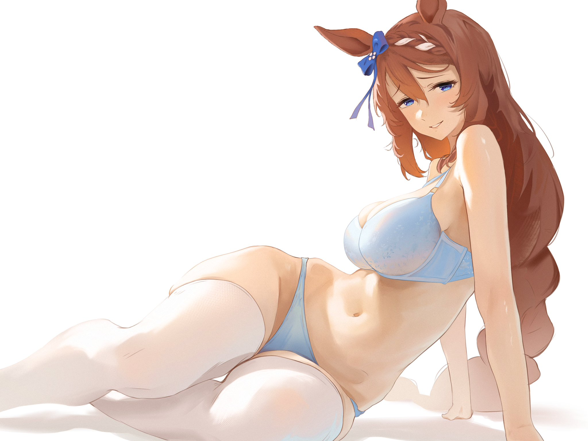 1girls, artist request, big hips, blue eyes, brown hair, female, female only, horse girl, looking at viewer, super creek (umamusume), thighs, umamusume, umamusume pretty derby, underwear, white background, white legwear, white stockings, white thighhighs