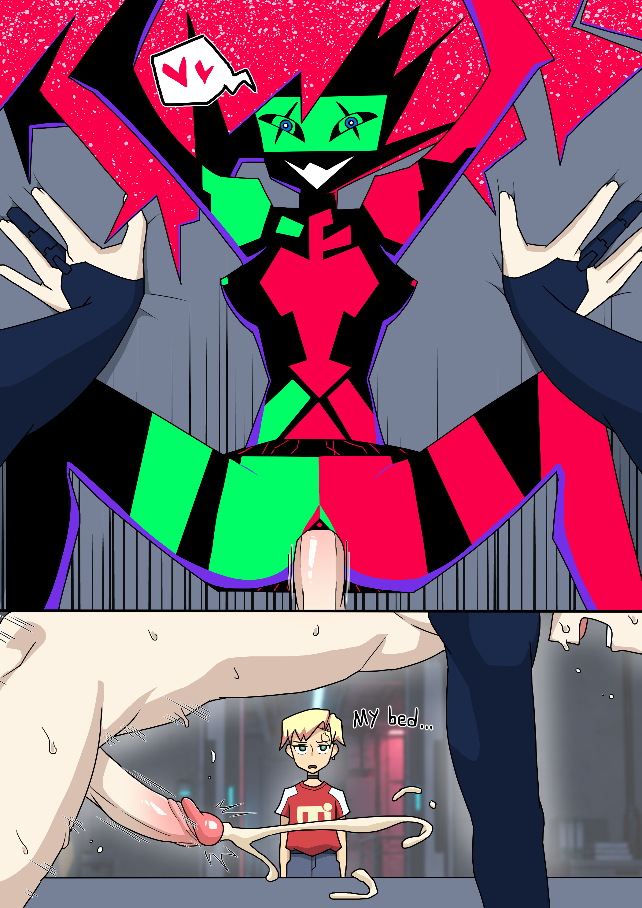 1girl, 2boys, absurdres, bigaggro, blonde hair, capri, colored skin, commentary, cum, cyberpunk (series), cyberpunk: edgerunners, cyberpunk: edgerunners 2, cyborg, d (cyberpunk), ejaculation, erection, heart, hetero, highres, multicolored skin, multiple boys, penis, pov, roman carax, sex, sjg0507, smile, spoilers, spoken heart, virtual reality