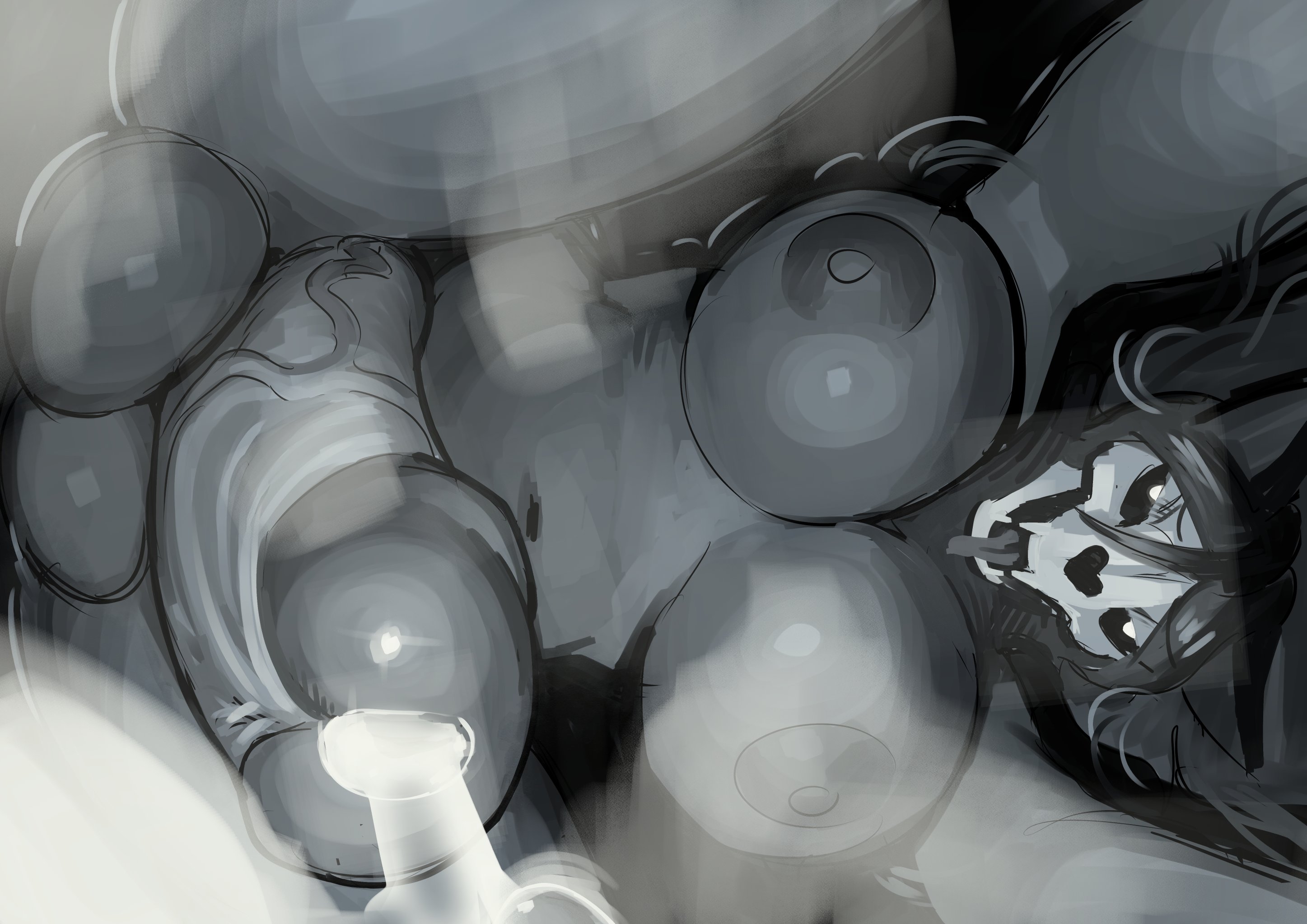 black body, black hair, cum, cumming on viewer, erect nipples, erect penis, fully nude, furry, futa only, futanari, horny, horny futa, looking down, looking down at viewer, malo, on top, open mouth, pleasure face, precum, precum drip, scp foundation, scp-1471, scp-1471-a, tongue out, zestysauce