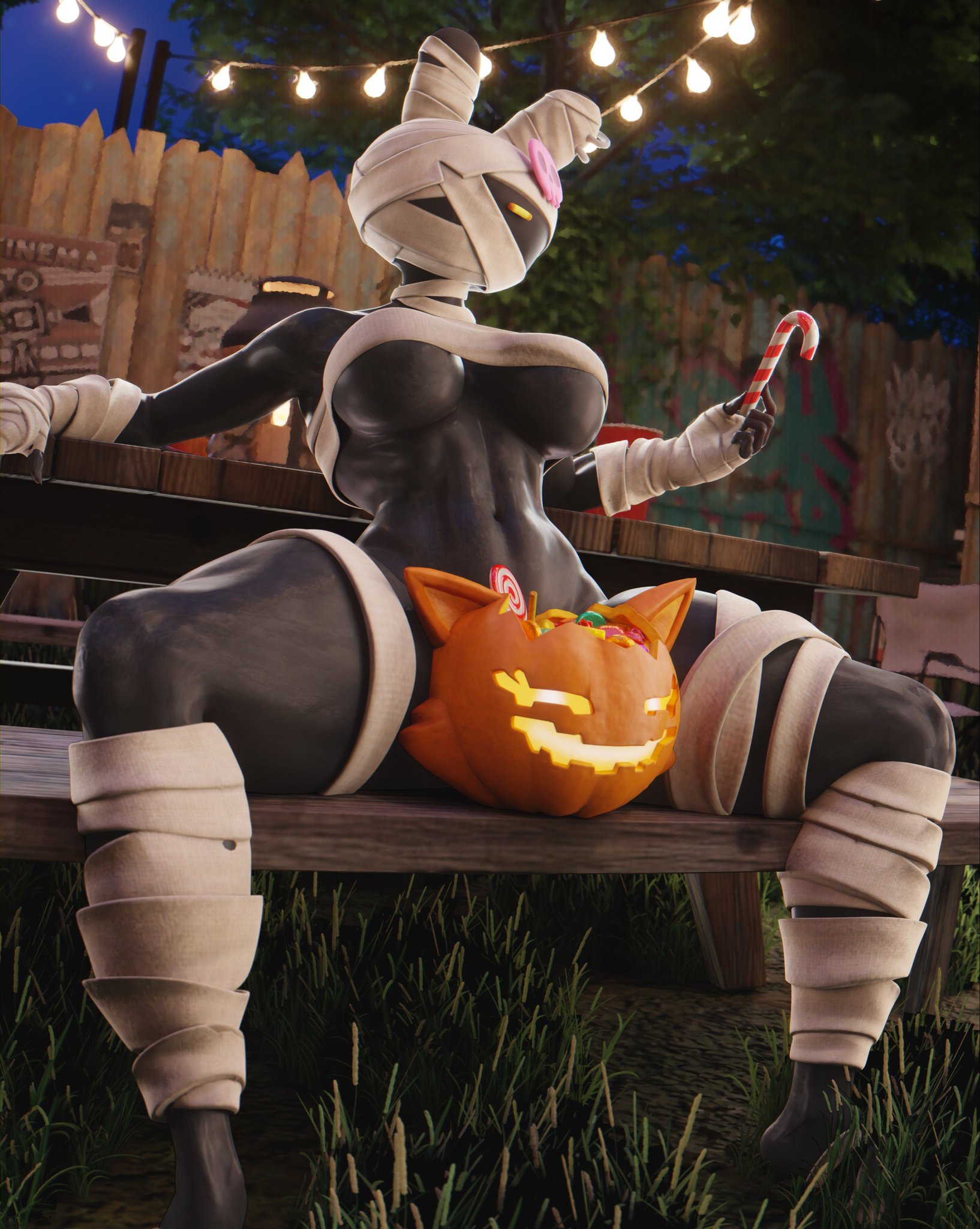 1girls, 3d, black body, black fur, bottomless, bunny ears, bunny girl, bunnybone (fortnite), candy, candy cane, female, female focus, female only, fortnite, fortnitemares, mummy, mummy costume, mummy girl, mummy wrappings, muscular, muscular female, no sex, outdoors, outside, partially clothed, partially clothed female, pumpkin, pumpkin head, sugar (fortnite), xyxaltiz, yellow eyes