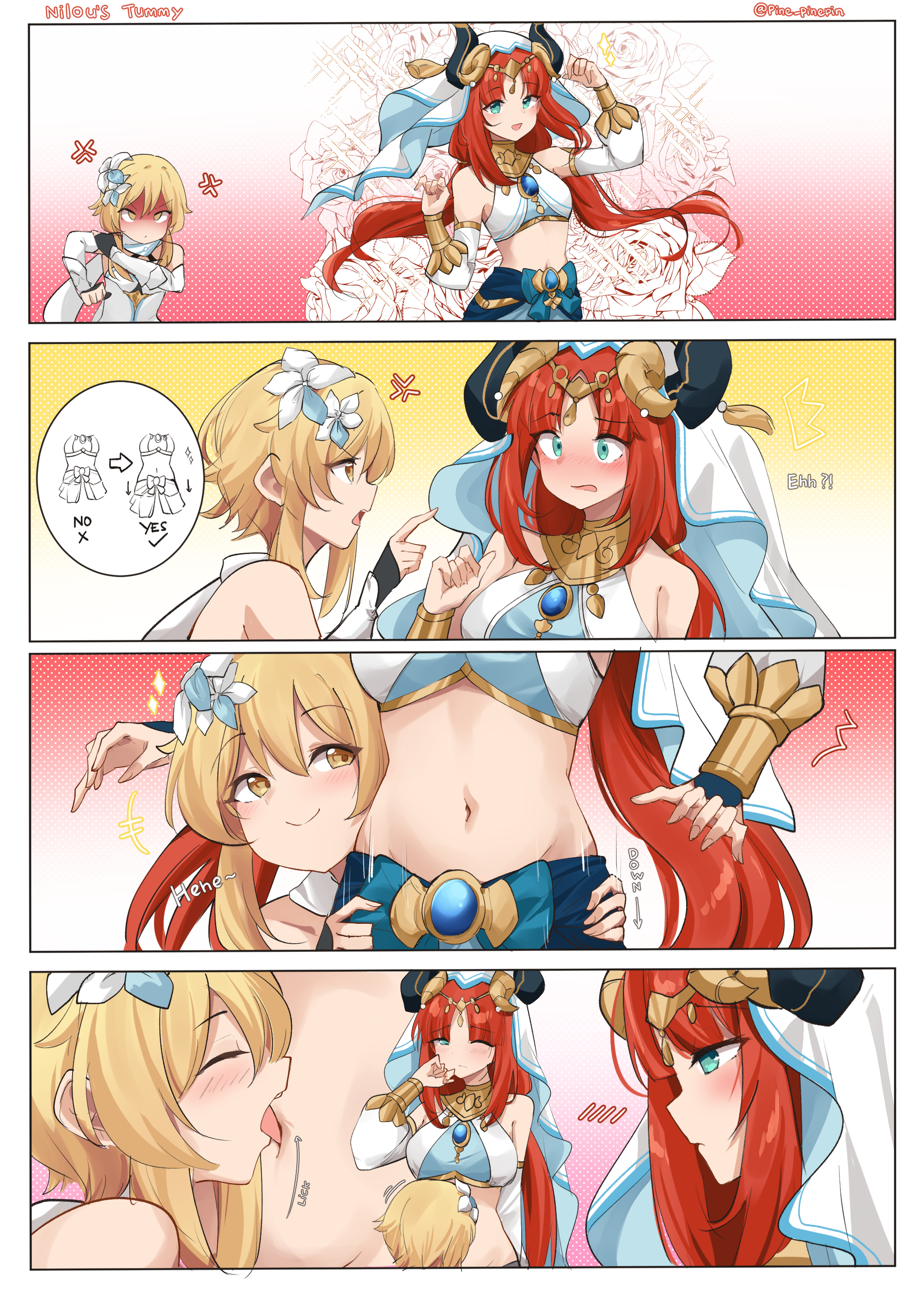 2d, 2girls, 4koma, angry, artist name, belly, belly button, blonde hair, blush, clothes pull, comic, female, female only, genshin impact, lesbian, licking, licking belly, lumine (genshin impact), midriff, navel, navel licking, nilou (genshin impact), pine pinepin (pinnn), red hair, skirt, skirt pull, smile, sumeru girls, tongue, tongue out, tummy, yuri