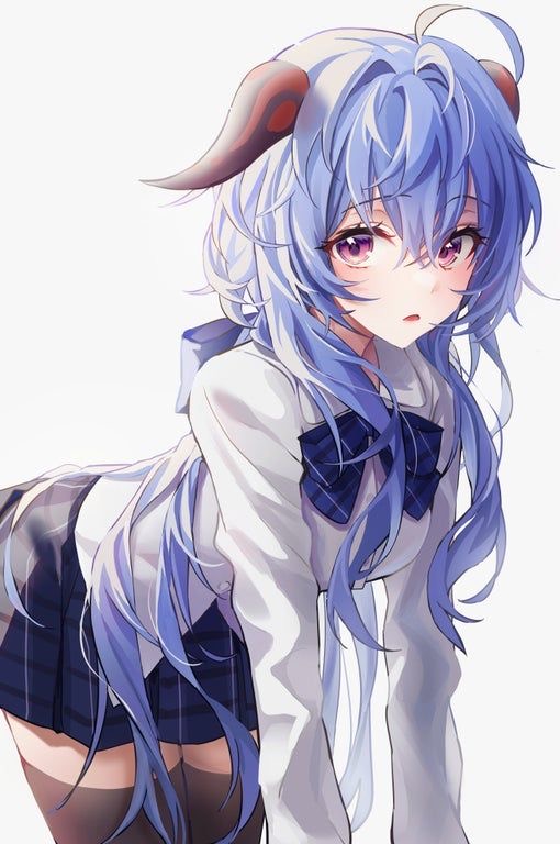 bending over, blue hair, breasts, female, ganyu (genshin impact), genshin impact, horns, long hair, school uniform, schoolgirl, skirt, small breasts, thighhighs