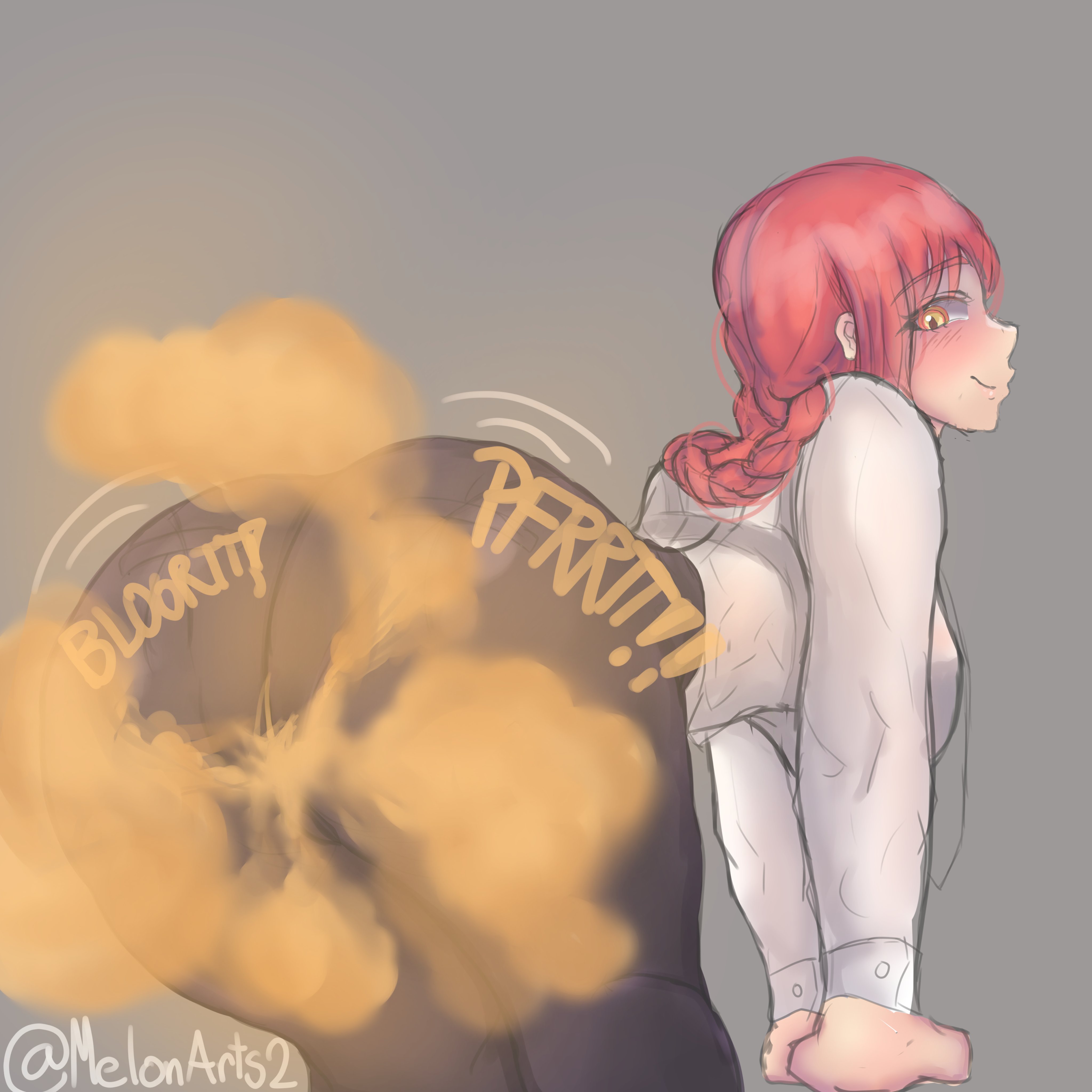1girls, ass, bent over, big ass, big butt, blush, chainsaw man, enormous ass, fart, fart cloud, fart fetish, farting, farting at viewer, farts, female, fetish, gassy female, inviting, looking back, makima (chainsaw man), melonarts2 (artist), naughty face, pants, presenting ass, rear view, red hair, showing ass, smile, solo female, tight pants, yellow eyes, yoshizilla