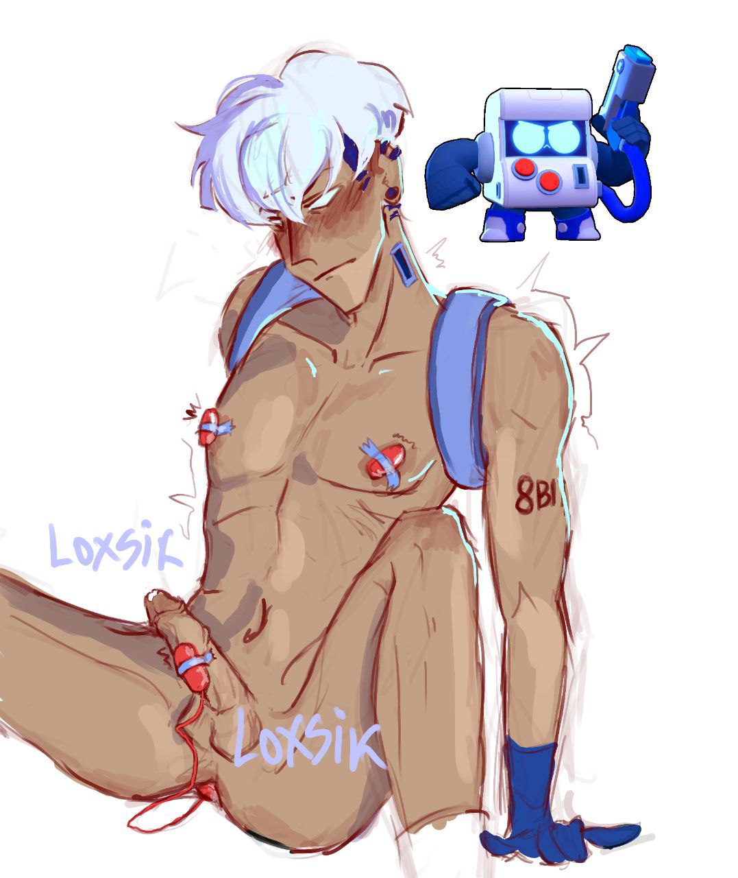 1boy 8-bit_(brawl_stars) anthro blush brawl_stars cum cum_in_penis cum_on_penis ear_piercing earrings erect_penis erection gloves gloves_only loxsik male male_only penis piercing robot robot_humanoid shaking socks socks_only solid_eyes tattoo vibrator vibrator_in_ass vibrator_on_nipple vibrator_on_penis white_background white_hair