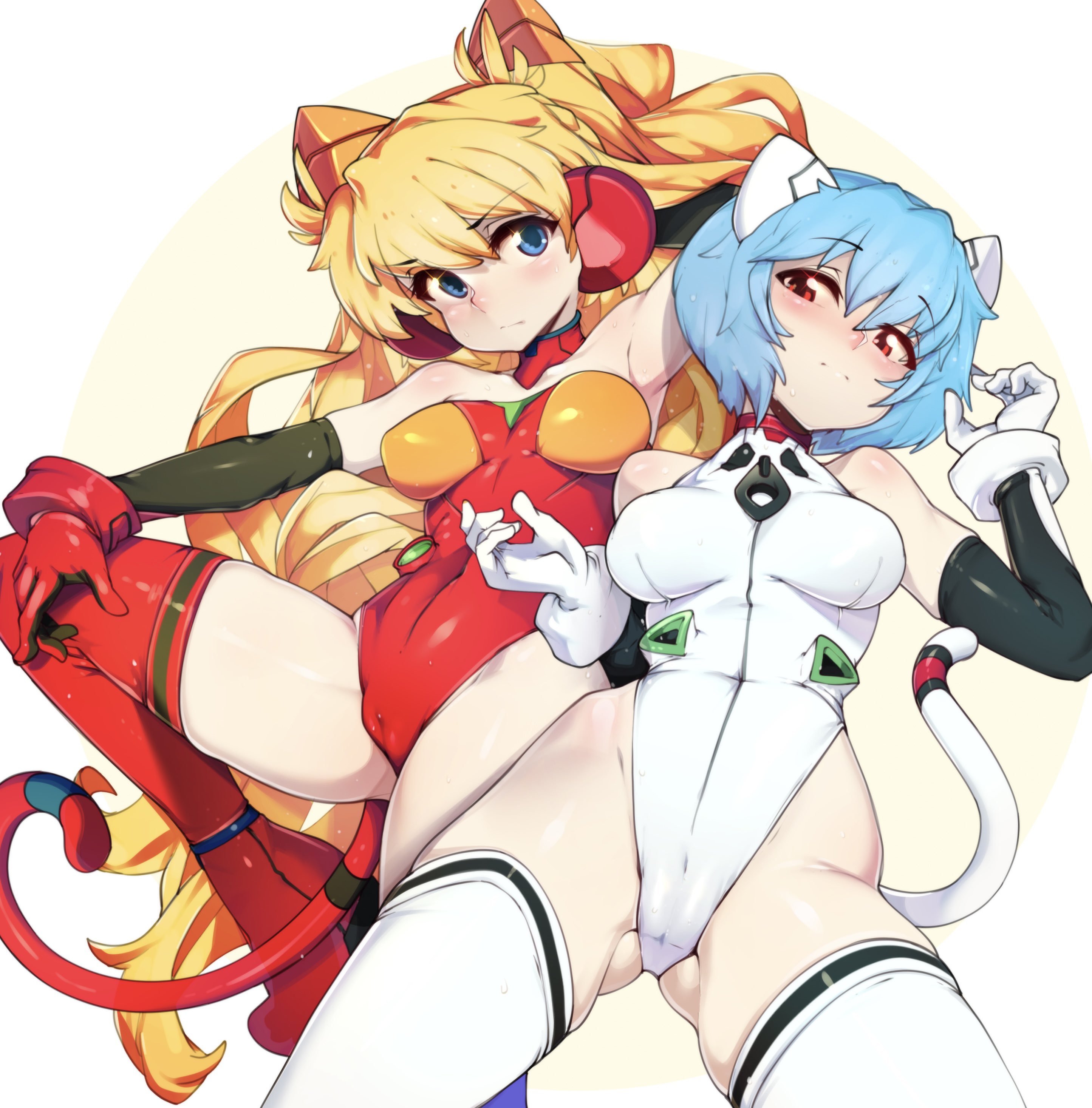 2022, 2girls, alternate hair color, animal ear headwear, animal ears, armpits, asuka langley sohryu, blonde female, blonde hair, blue eyes, blue hair, breasts, cat ears, cat girl, cat tail, catgirl, clothing, female, female only, highleg leotard, hips, human, leotard, light skin, light-skinned female, long hair, medium breasts, neon genesis evangelion, pale skin, pale-skinned female, petplay, pilot suit, plugsuit, red eyes, rei ayanami, short hair, slim waist, slugbox, stockings, tail, tail accessory, thick thighs, thighs