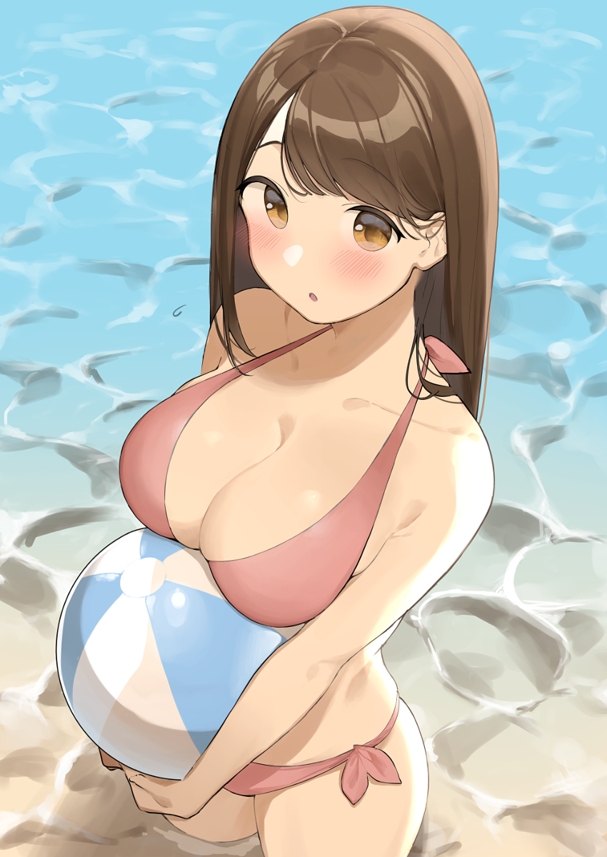 1girls beach beach_ball big_breasts bikini bikini_bottom bikini_top blush ocean office_lady ol-chan_(ol_mahonanoka) ol_mahonanoka original side_tie_bikini