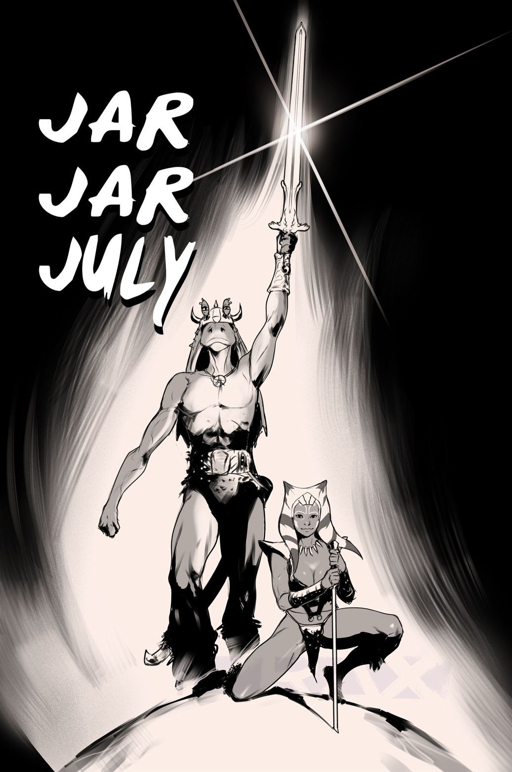 1boy 1girls a_new_hope ahsoka_tano big_breasts black_and_white cleavage clone_wars conan_the_barbarian_(series) female greyscale gungan izra jar_jar_binks monochrome parody partially_clothed star_wars sword the_clone_wars:_season_seven thick_thighs