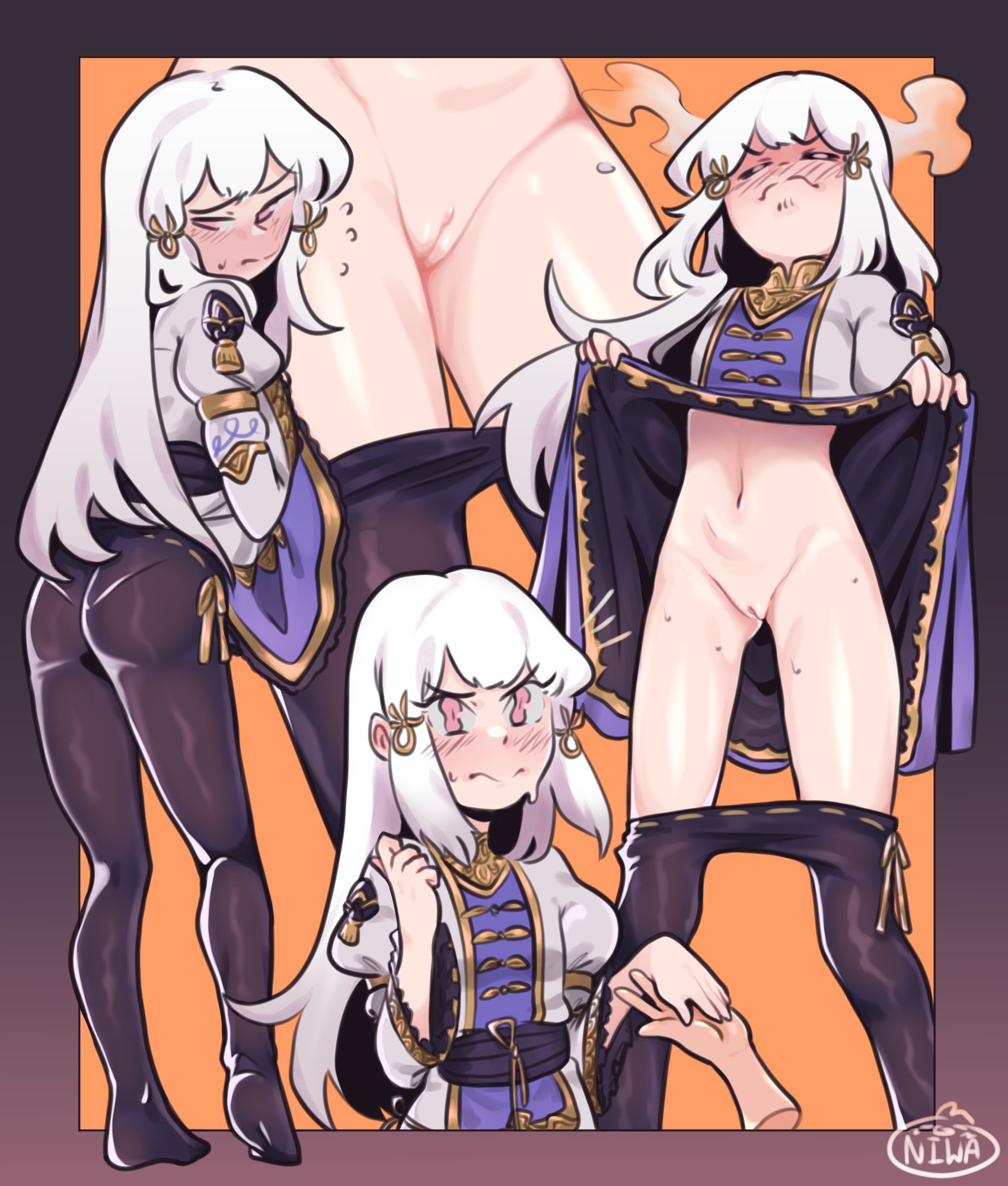 1girls, alternate costume, alternate hairstyle, ass, bangs, big ass, blush, breasts, clothes lift, cute, dankniwa, embarrassed, female, female focus, fire emblem, fire emblem warriors: three hopes, fire emblem: three houses, frown, holding hands, lifted by self, long hair, lysithea von ordelia, nervous, nintendo, official alternate costume, official alternate hairstyle, pantyhose, pantyhose down, pantylines, pink eyes, pussy, skirt lift, small breasts, solo focus, uncensored, undressing, upskirt, white hair, wholesome