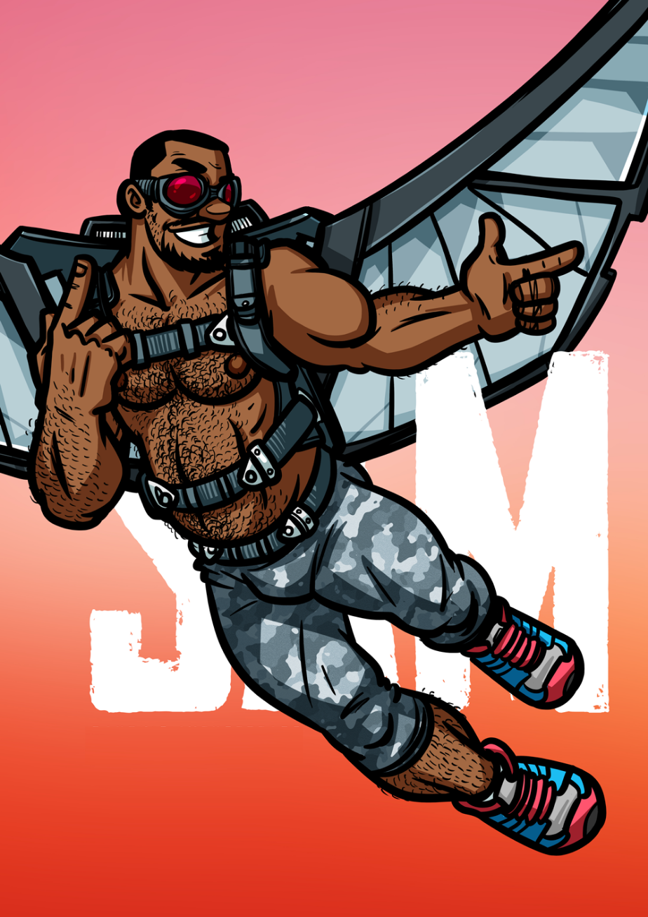 1boy anthony_mackie artist_name bara beard_stubble body_hair camouflage_pants dark-skinned_male facial_hair goatee hairy_armpits hairy_arms hairy_chest hairy_legs hairy_male hairy_stomach harness human male male_nipples male_only manly marvel marvel_cinematic_universe mature_male mechanical_wings musclegut muscles muscular_male mustache no_visible_genitalia pecs penis_bulge randyslashtoons sam_wilson sneakers strapped the_falcon