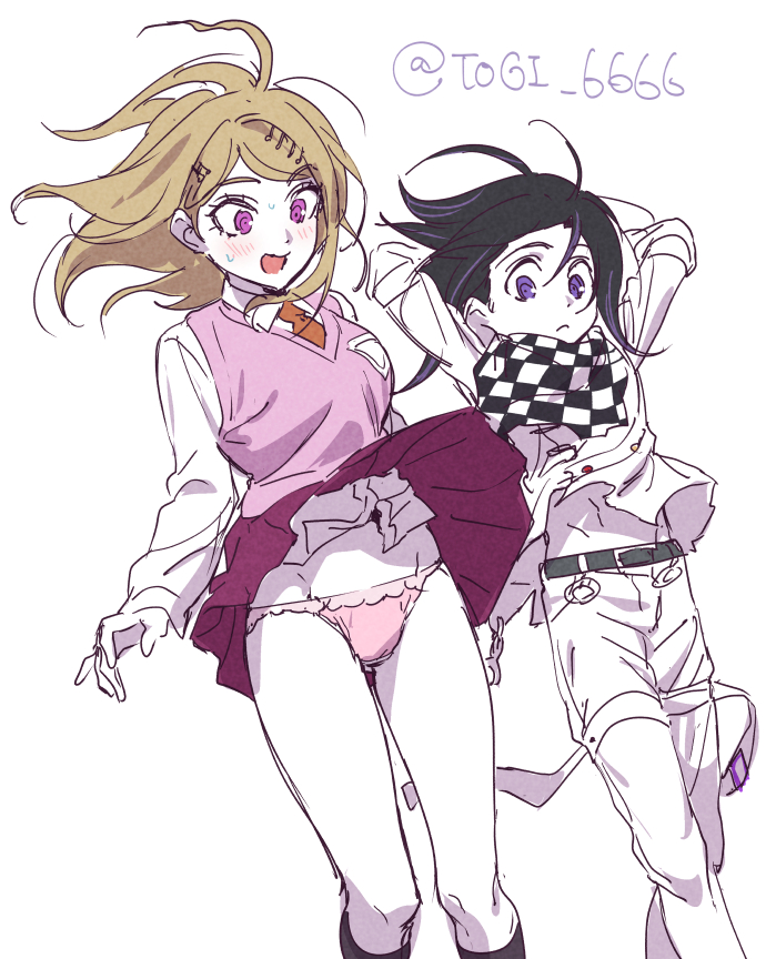 akamatsu kaede, blush, danganronpa, danganronpa v3, embarrassed, exposed panties, female, ouma kokichi, panties, skirt up, straight hair, togi9999, upskirt