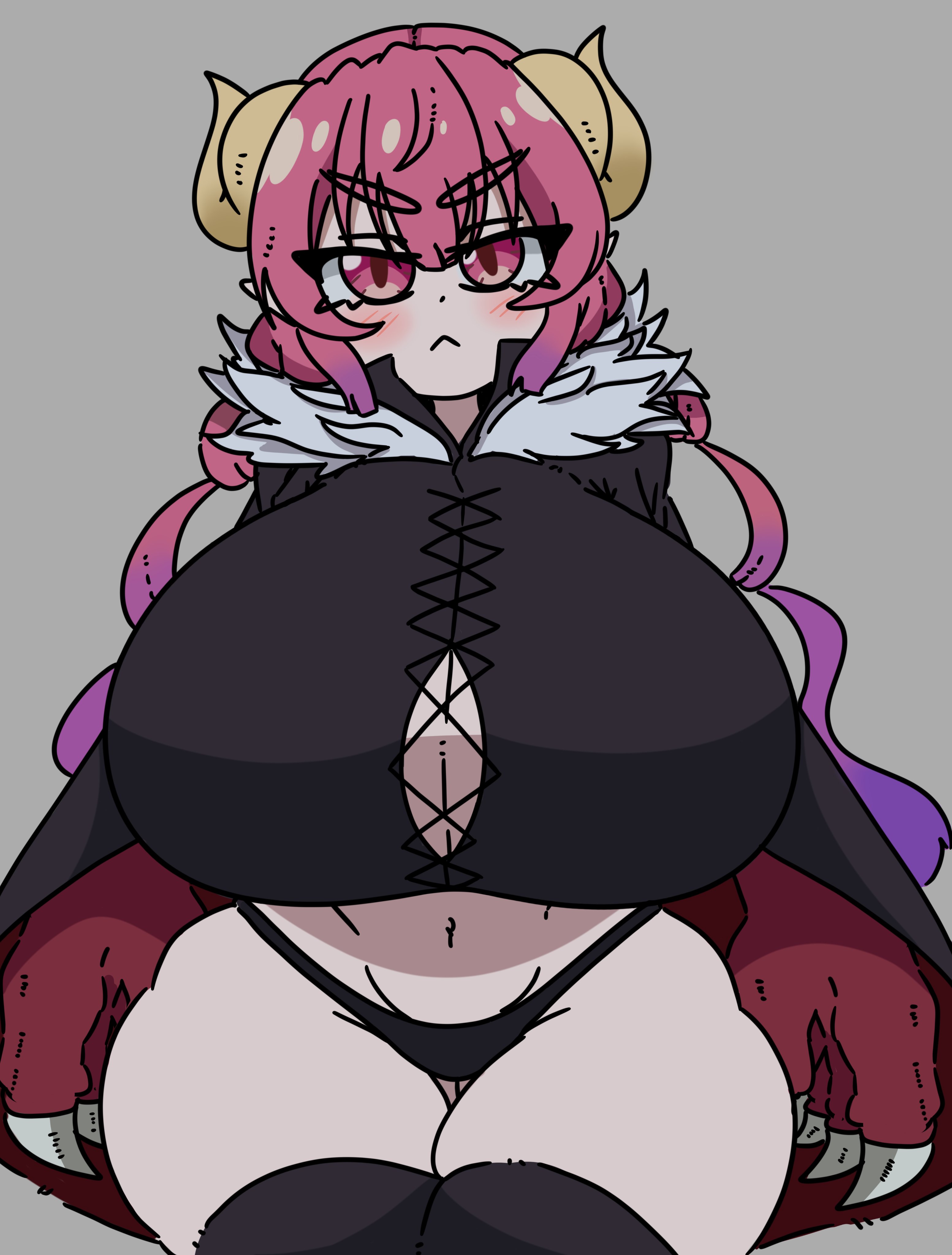 1girls, big breasts, breasts, busty, female, female only, horns, huge breasts, ilulu, ilulu (dragon maid), ilulu (maidragon), inakotho, kneehighs, kobayashi-san chi no maidragon, large breasts, looking at viewer, miss kobayashi's dragon maid, panties, pink eyes, pink hair, solo, tail, thick thighs, wide hips, wings