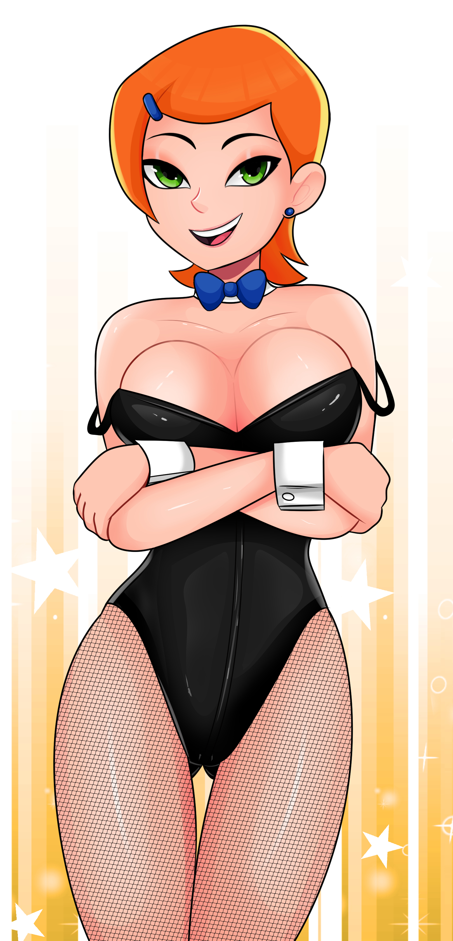 1girls, 2022, aged up, ben 10, ben 10 (classic), bowtie, breasts, bunny girl, bunnysuit, cartoon network, detached collar, detached cuffs, female, female only, fishnets, green eyes, gwen tennyson, gwen tennyson (classic), hips, large breasts, orange hair, short hair, slim waist, smile, sonson-sensei, thick thighs, thighs, wide hips