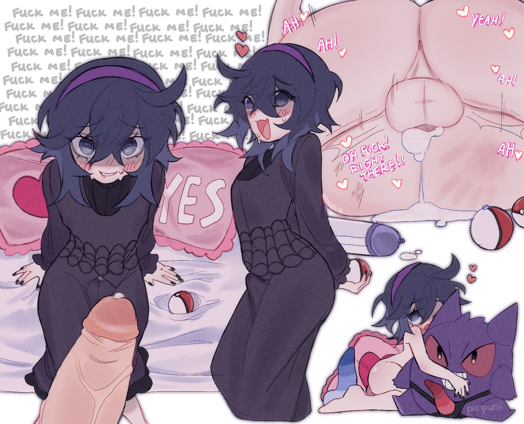 2boys, ass, bed, bedroom eyes, bulge, bulge through clothing, clothing, color, cum, cum in ass, cum inside, cumming from penis awe, dialogue, dildo, dress, female, femboy, gay, genderswap, genderswap (ftm), gengar, girly, hex maniac, hexboy maniac, human, male, male focus, male only, male with painted nails, mating press, pale skin, penis, penis awe, petite, pillow, pokeball, pokemon, punpunii, purple eyes, purple hair, rule 63, sweat, trap, yaoi