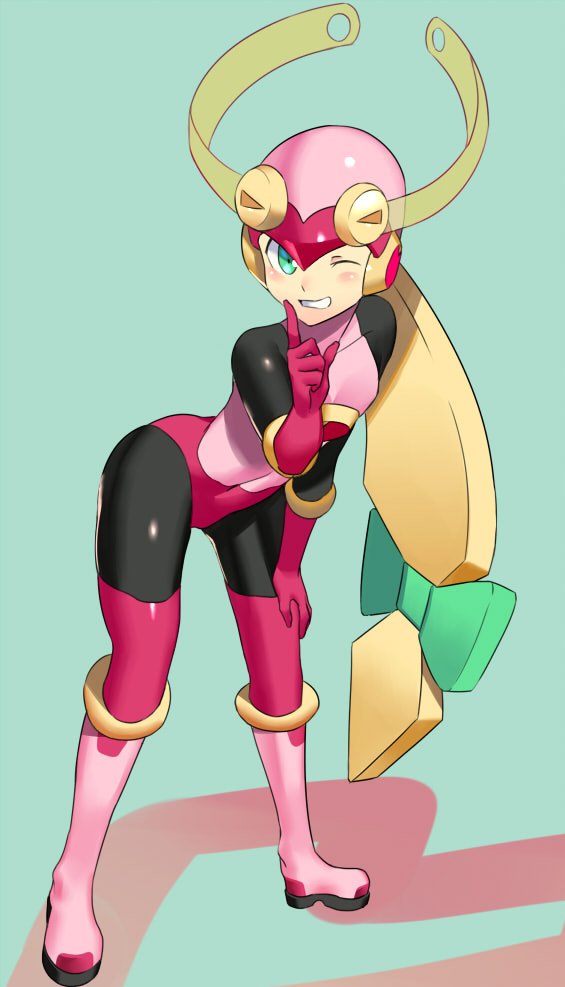 1girls ass bent_over blush bodysuit boots clothed grin helmet long_gloves mega_man mega_man_battle_network navel pink_clothing rockman rockman_exe roll.exe roll_pose solo thigh_gap thighhighs tight_clothing ukimukai wink